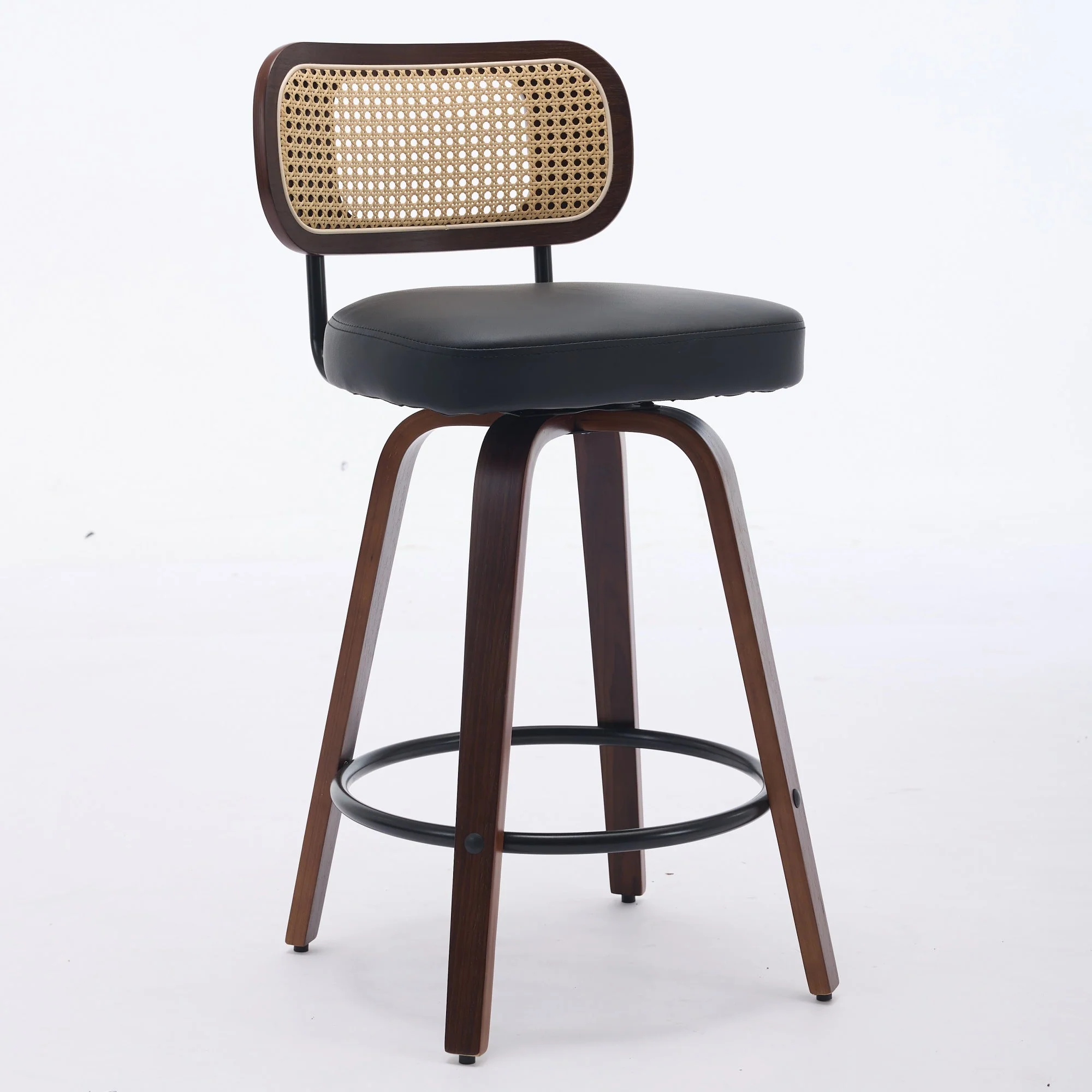 Set of 2 Counter Height Bar Stools with Swivel and Rattan Cane Back, Walnut Black - Image 3