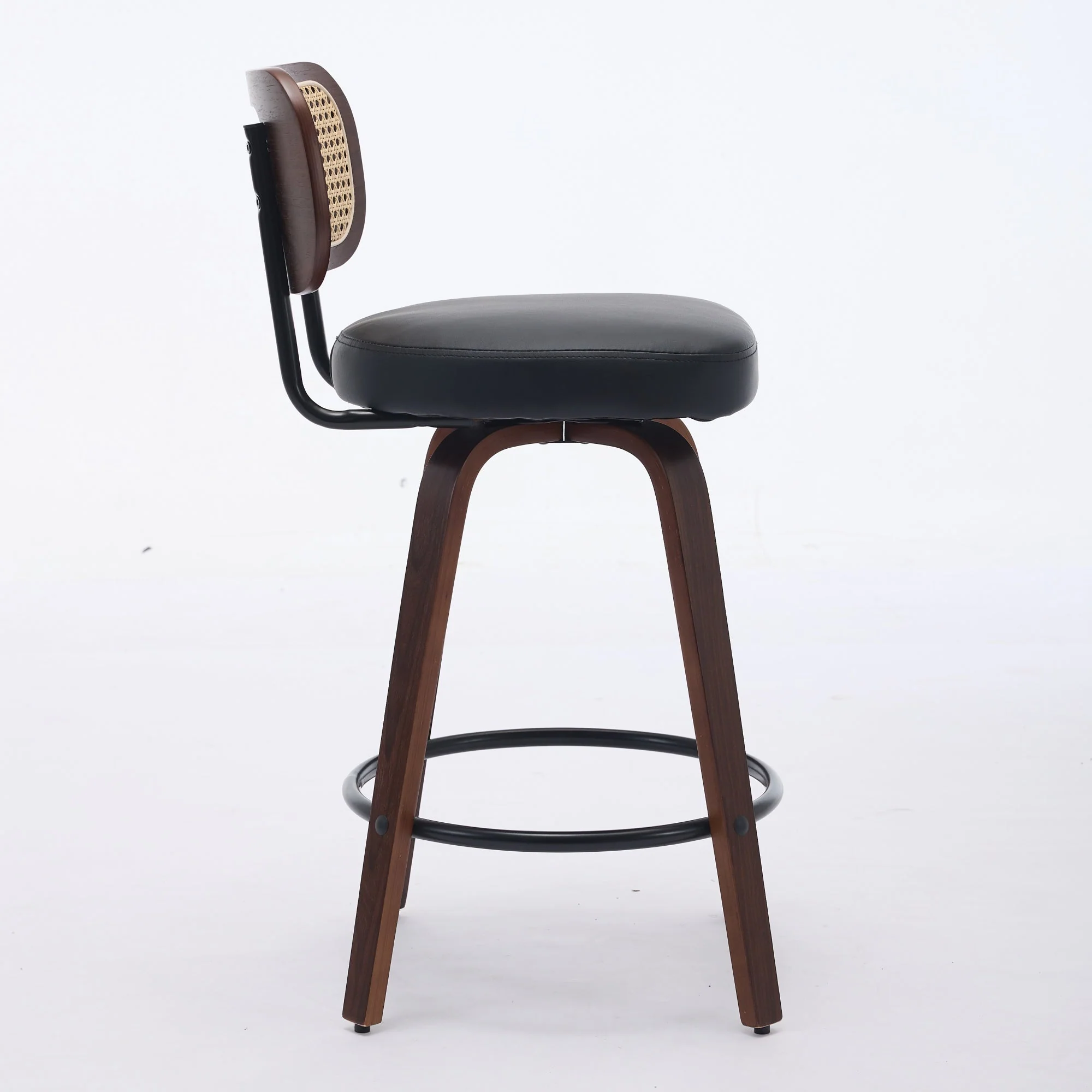 Set of 2 Counter Height Bar Stools with Swivel and Rattan Cane Back, Walnut Black - Image 4