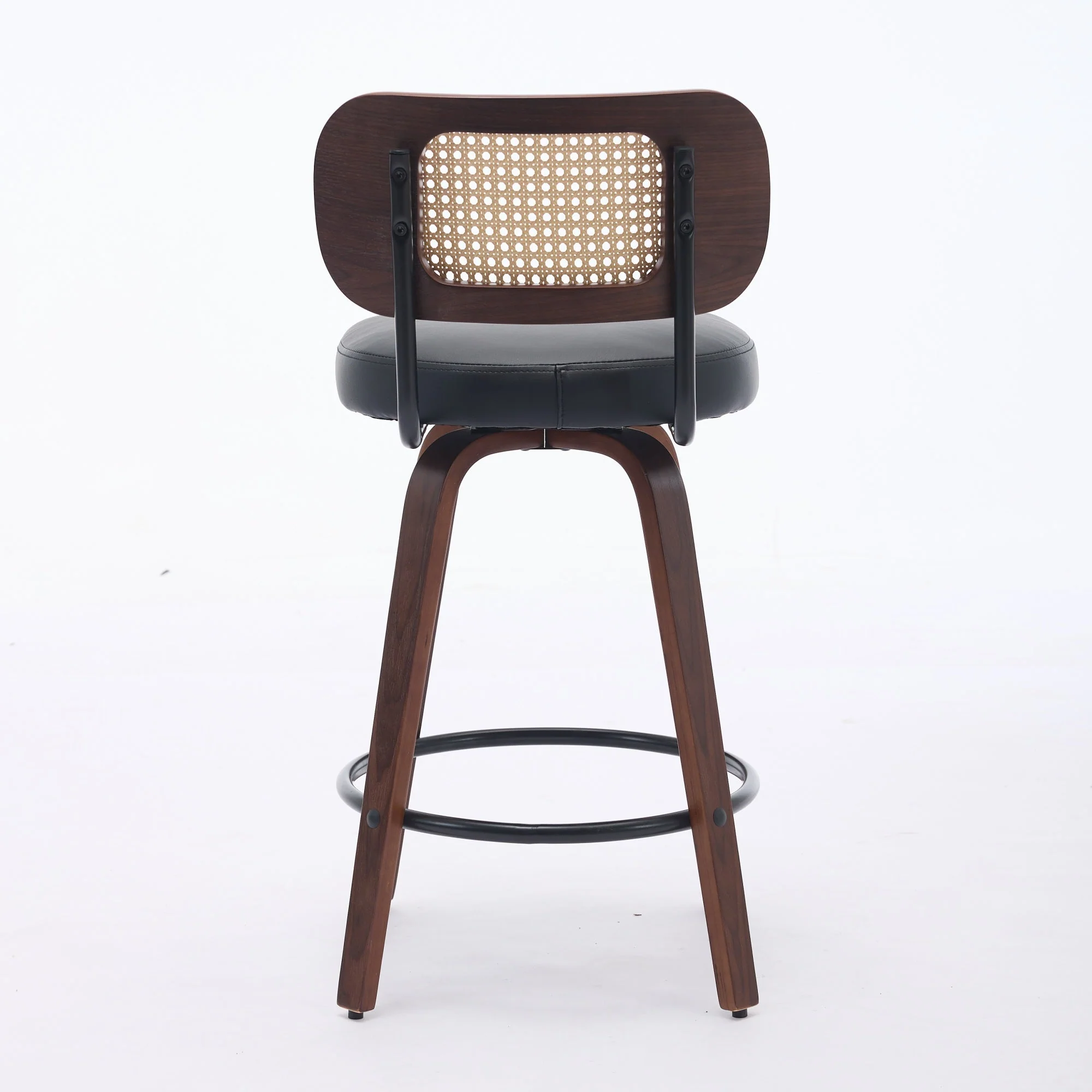 Set of 2 Counter Height Bar Stools with Swivel and Rattan Cane Back, Walnut Black - Image 6