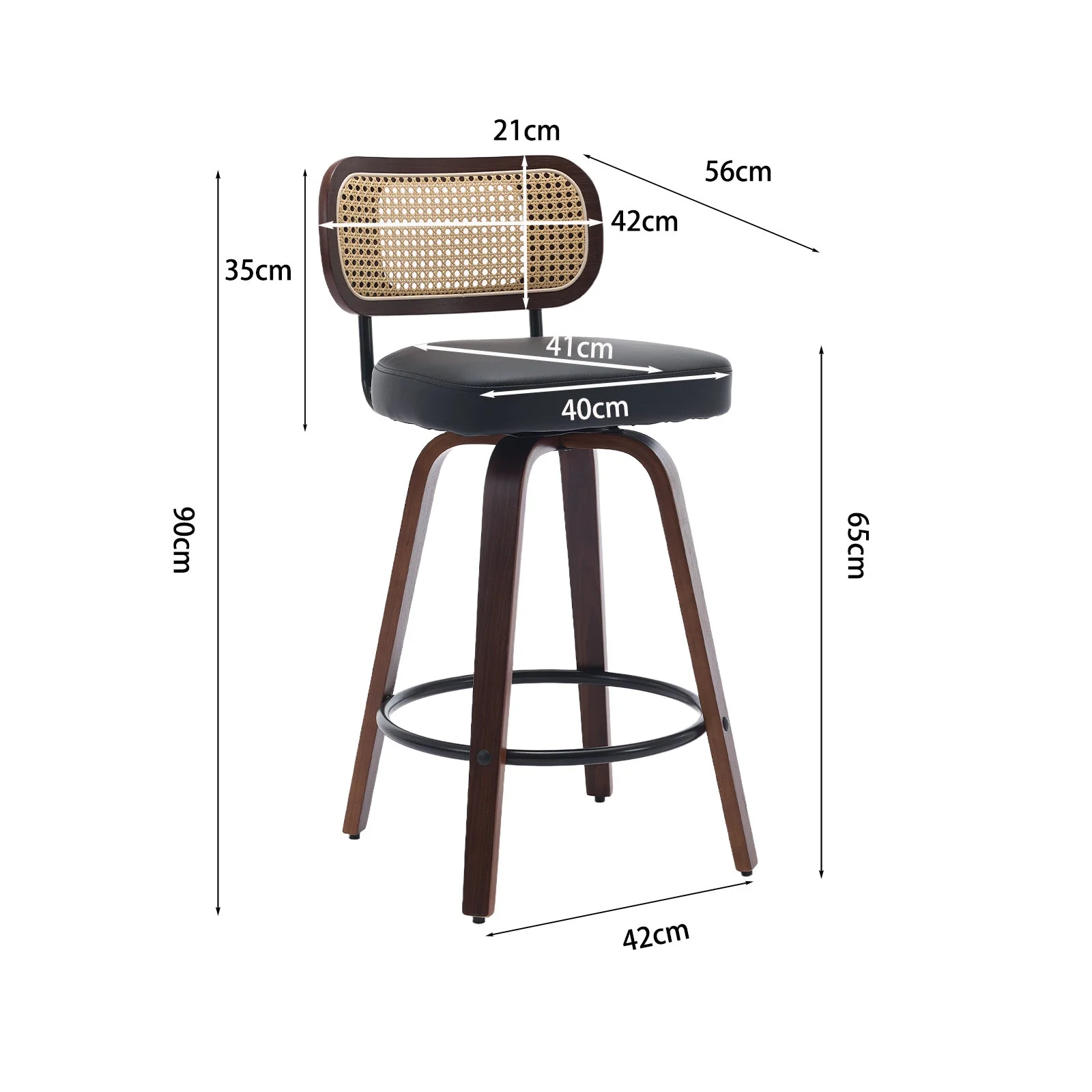 Set of 2 Counter Height Bar Stools with Swivel and Rattan Cane Back, Walnut Black - Image 8