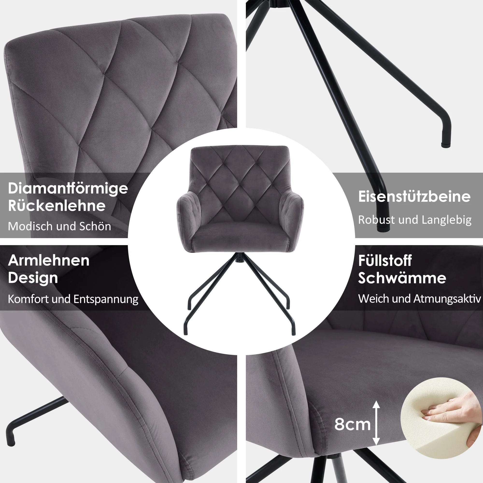 Set of 2 Dining Armchairs Upholstered Diamond Pattern Metal Legs Velvet Grey - Image 4