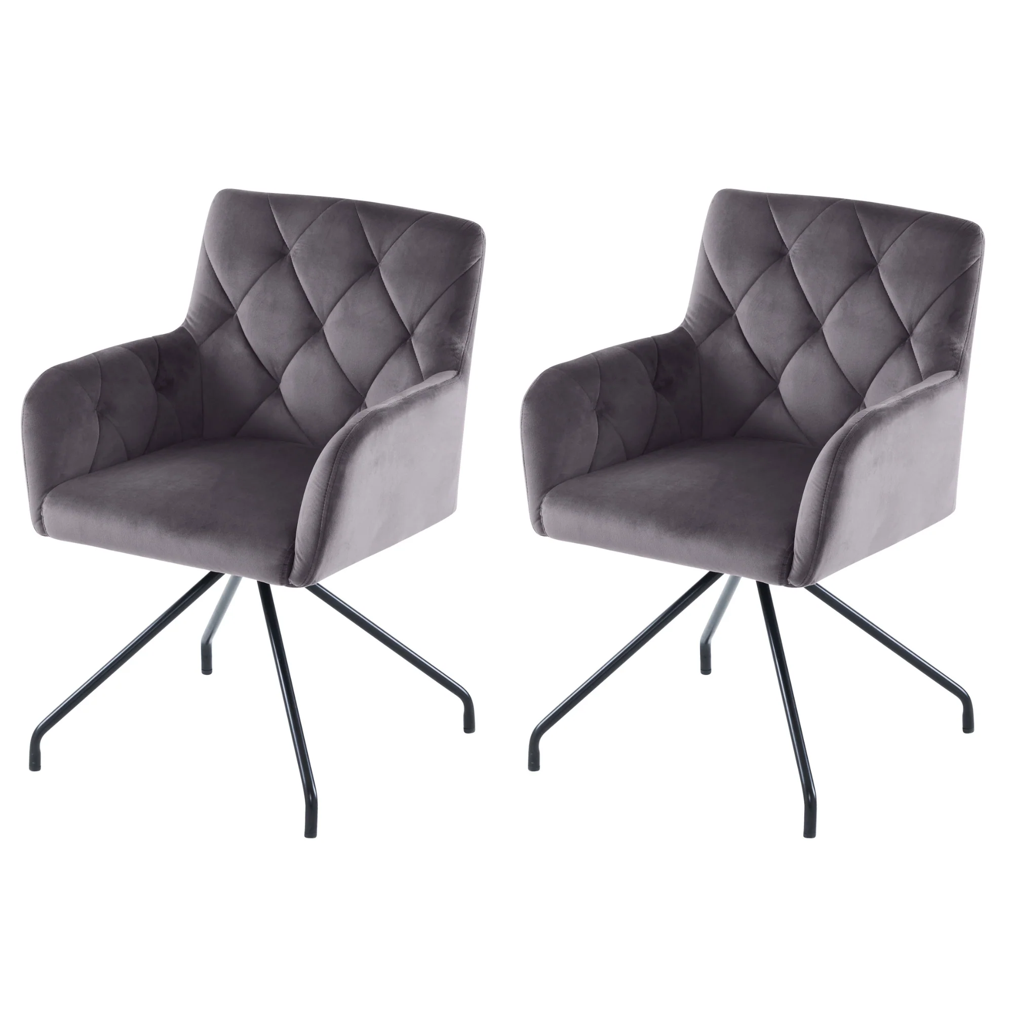 Set of 2 Dining Armchairs Upholstered Diamond Pattern Metal Legs Velvet Grey - Image 7