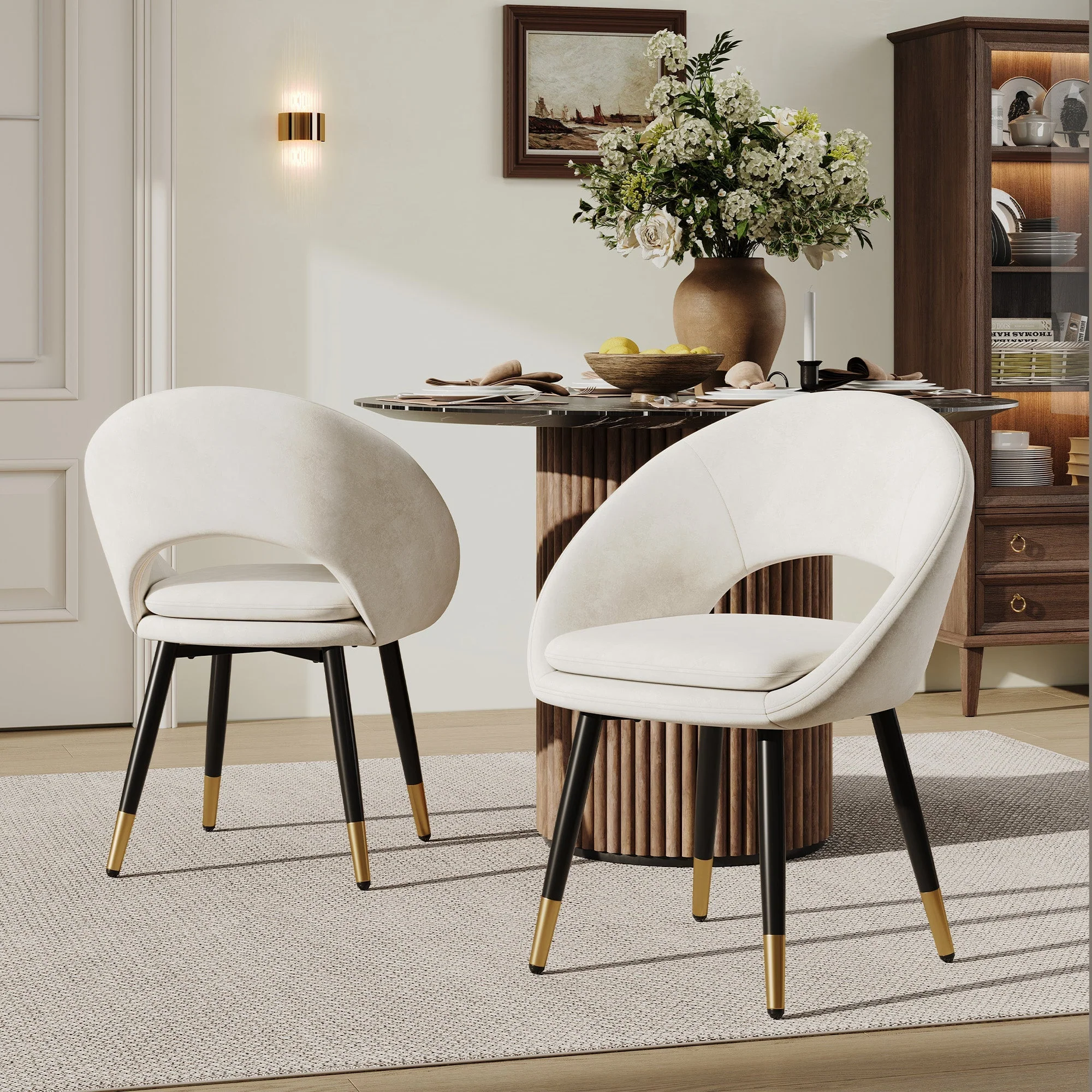Set of 2 Dining Chairs, Comfortable Modern Style, Beige Velvet Fabric