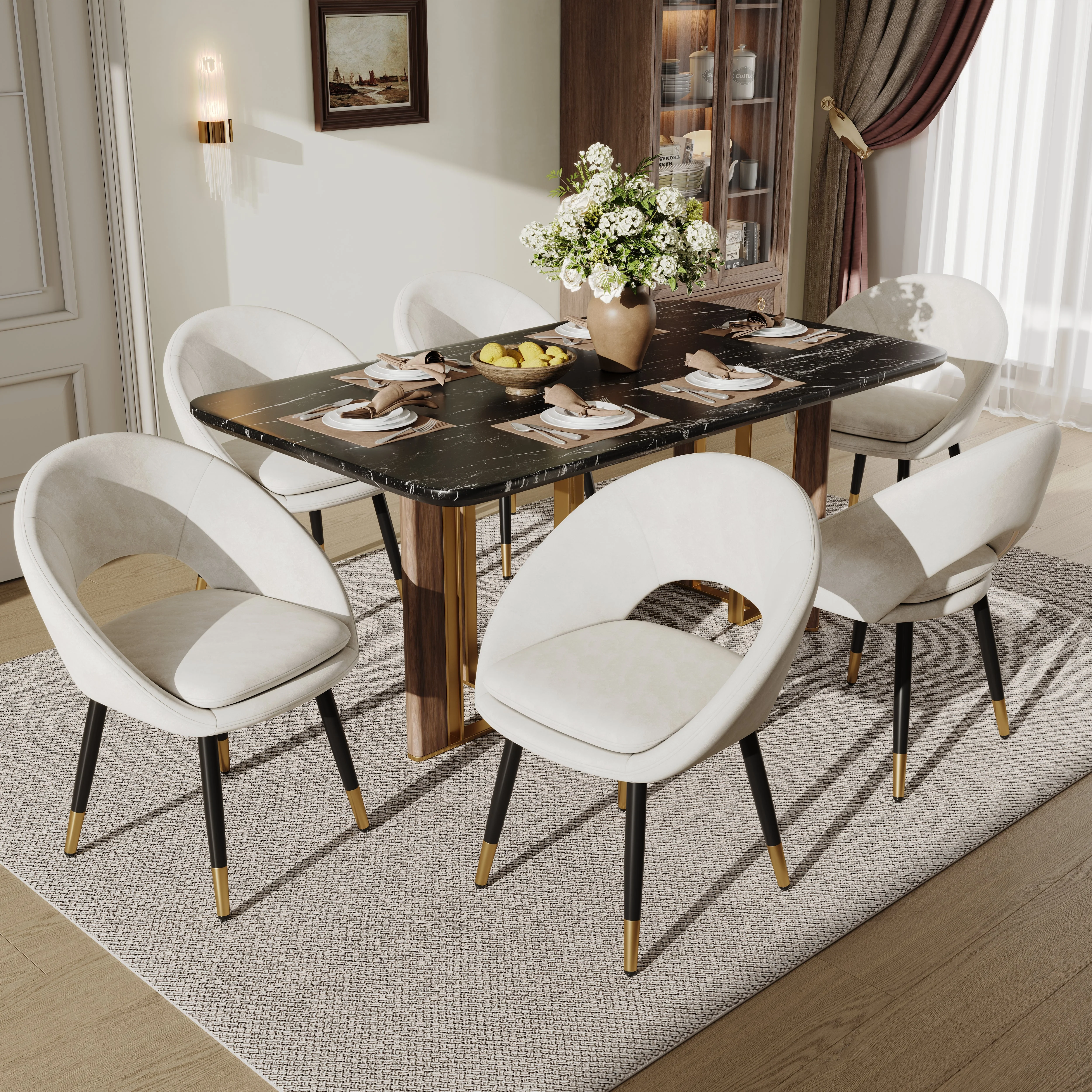 Set of 2 Dining Chairs, Comfortable Modern Style, Beige Velvet Fabric - Image 3