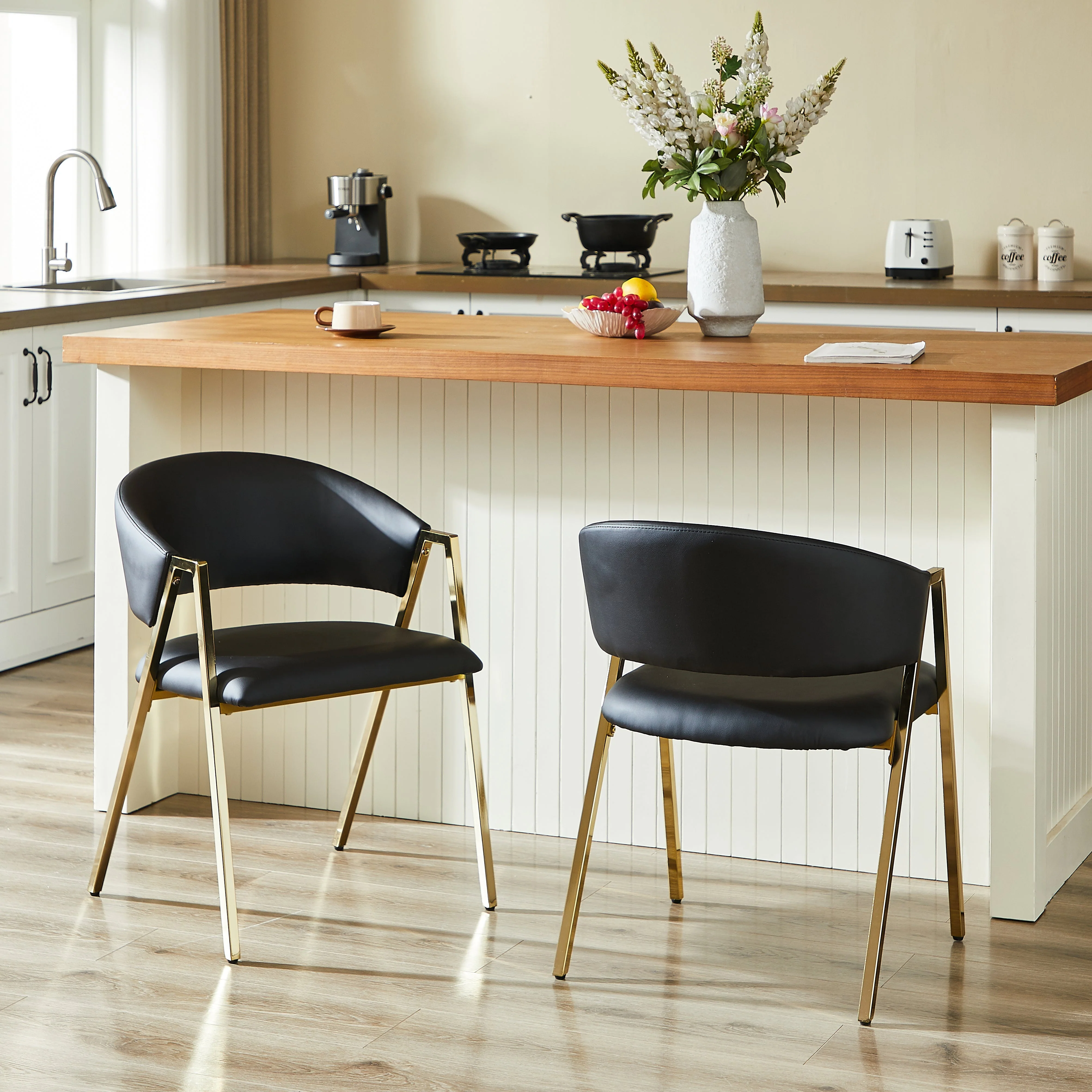 Set of 2 Dining Chairs Modern Minimalist Gold Metal Frame - Black PU Leather