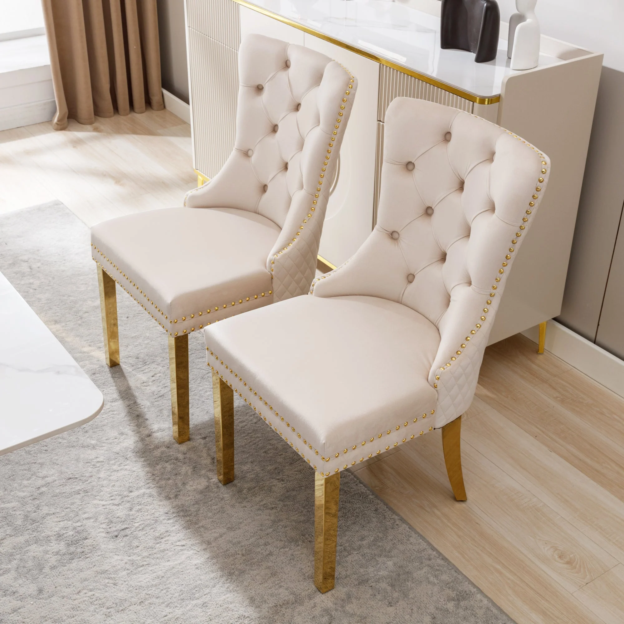 Set of 2 Dining Chairs Upholstered Door Knocker Back Gold-Plated Legs Beige Velvet/Gold - Image 3