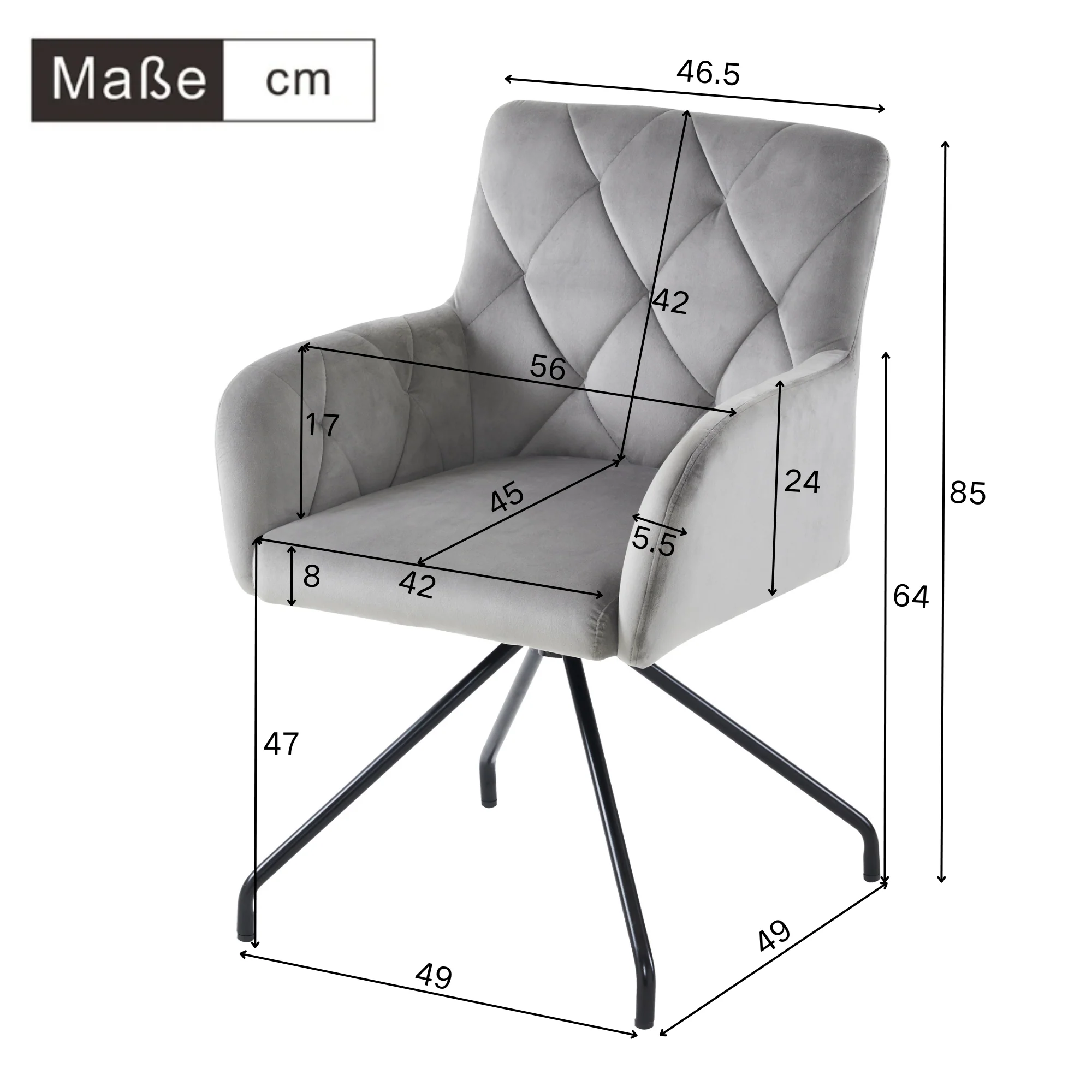 Set of 2 Dining Chairs with Diamond Pattern and Lumbar Support, Light Grey Velvet - Image 10