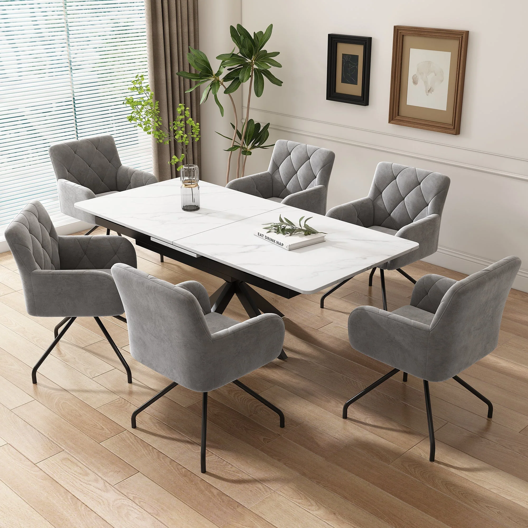 Set of 2 Dining Chairs with Diamond Pattern and Lumbar Support, Light Grey Velvet - Image 3