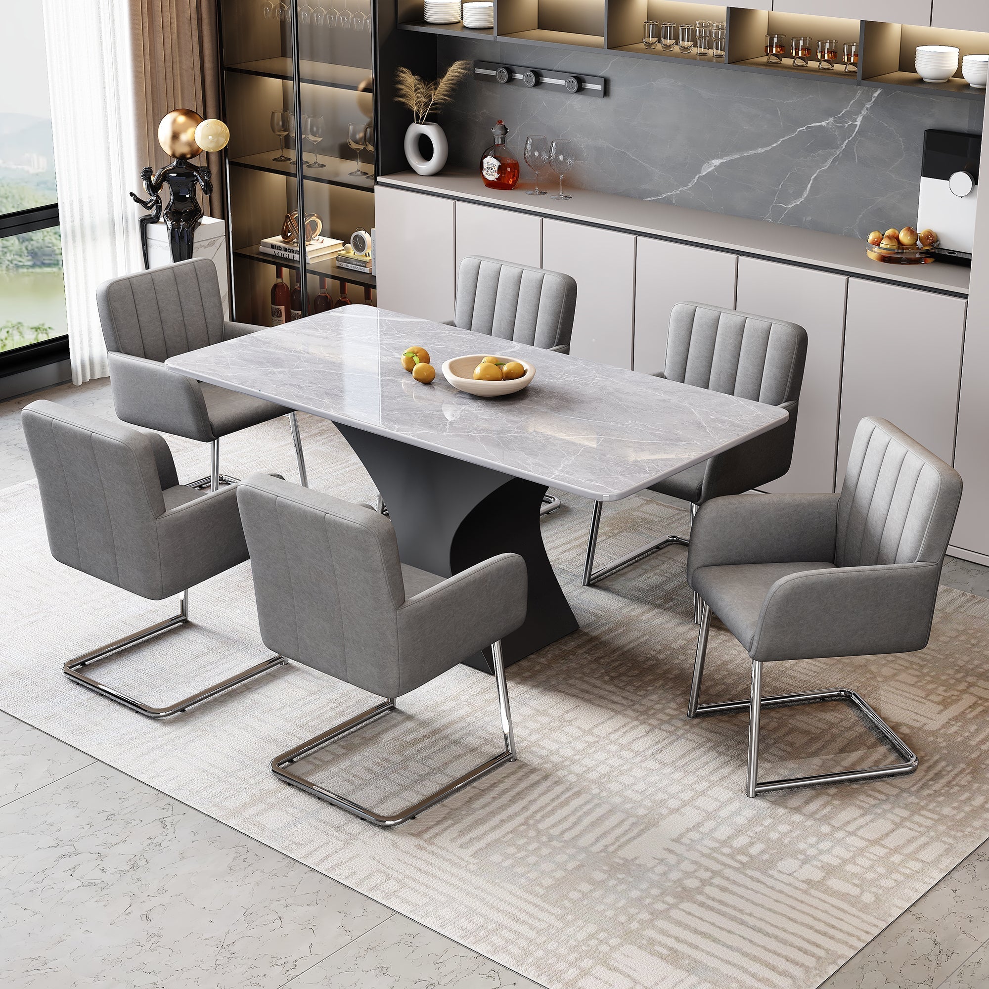Set of 2 Dining Chairs with Vertical Stripes and Zigzag Metal Legs, Grey Faux Leather - Image 3