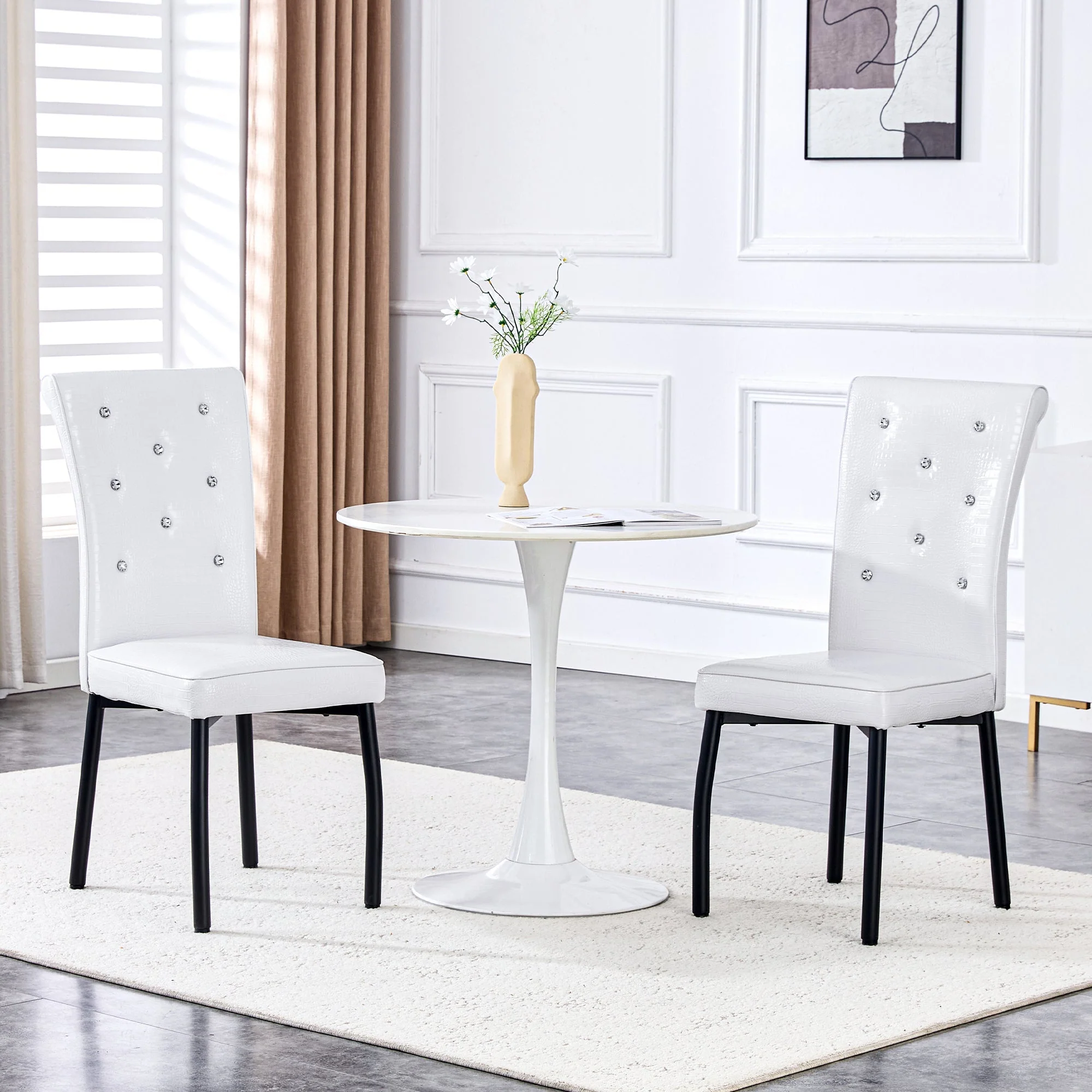 Set of 2 Dining Seats Soft Retro Crocodile Pattern Crystal Clasps White and Black Faux Leather