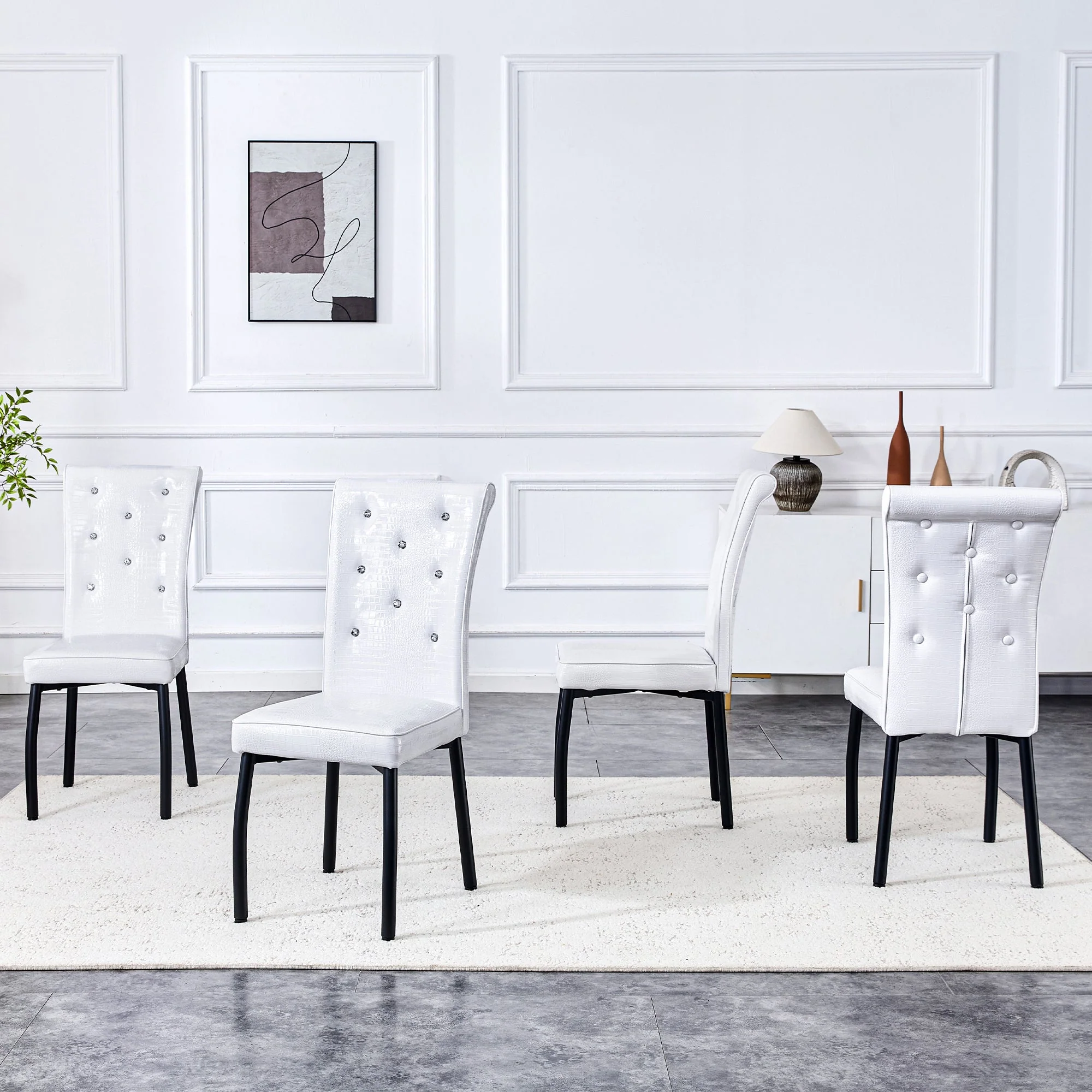 Set of 2 Dining Seats Soft Retro Crocodile Pattern Crystal Clasps White and Black Faux Leather - Image 6