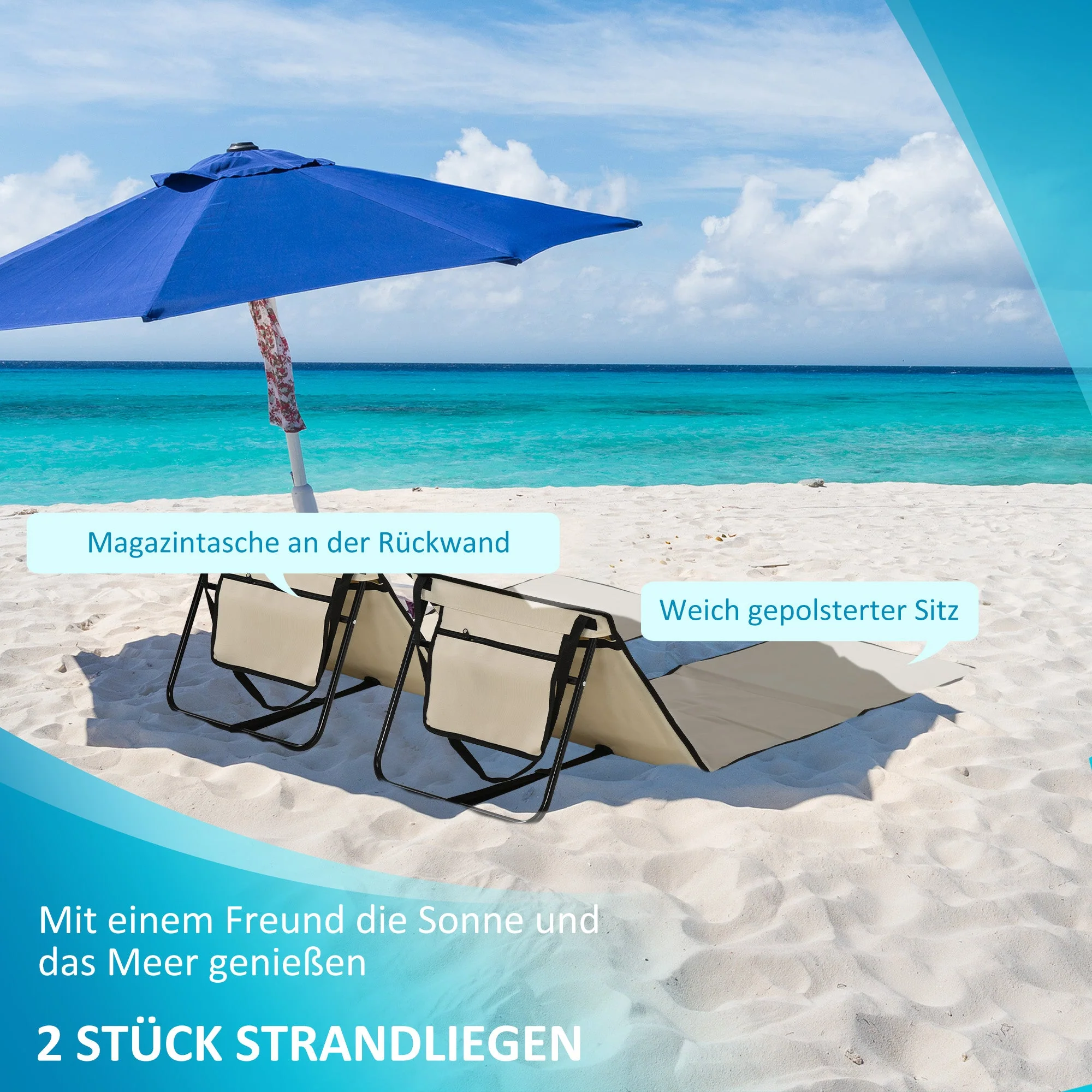 Set of 2 Foldable Beach Mats and Sun Loungers, Adjustable with Carrying Bag and Pocket, Steel/Oxford Fabric - Image 4