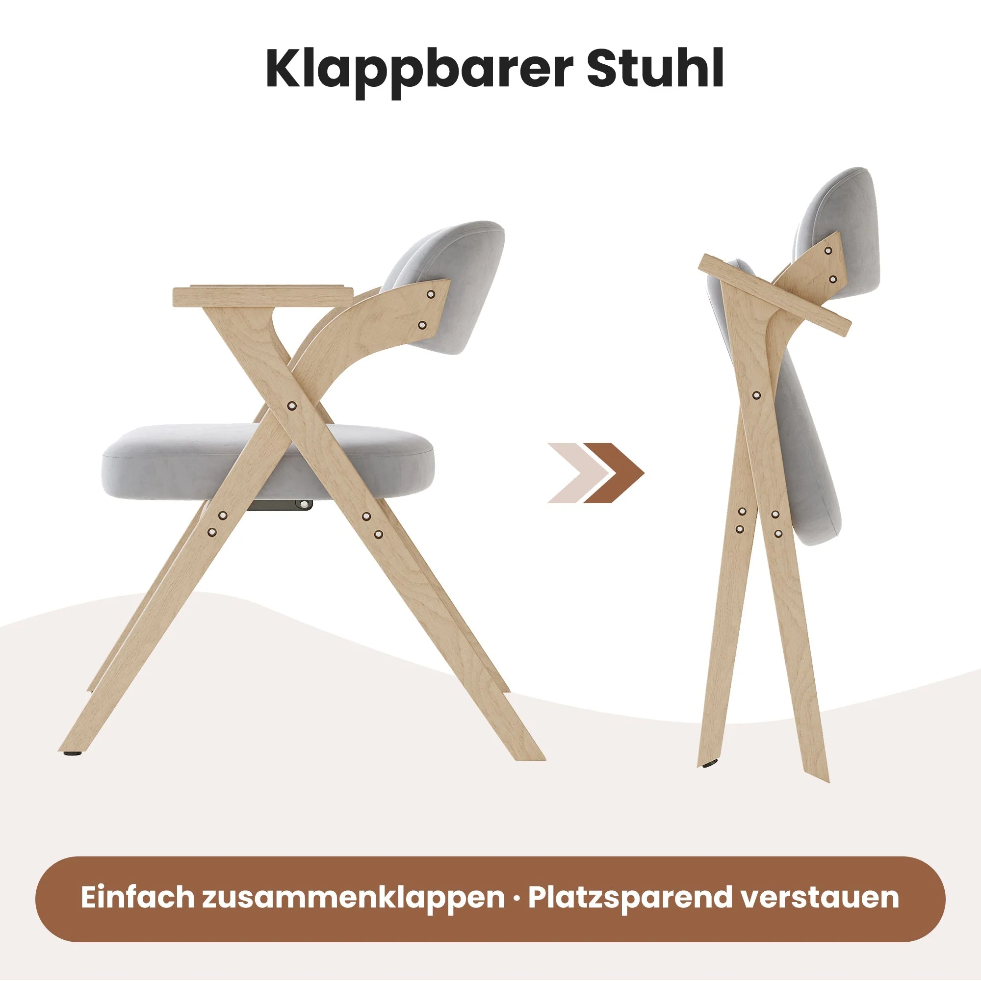 Set of 2 Folding Dining Chairs, Solid Wood and Breathable Linen, Grey - Image 3