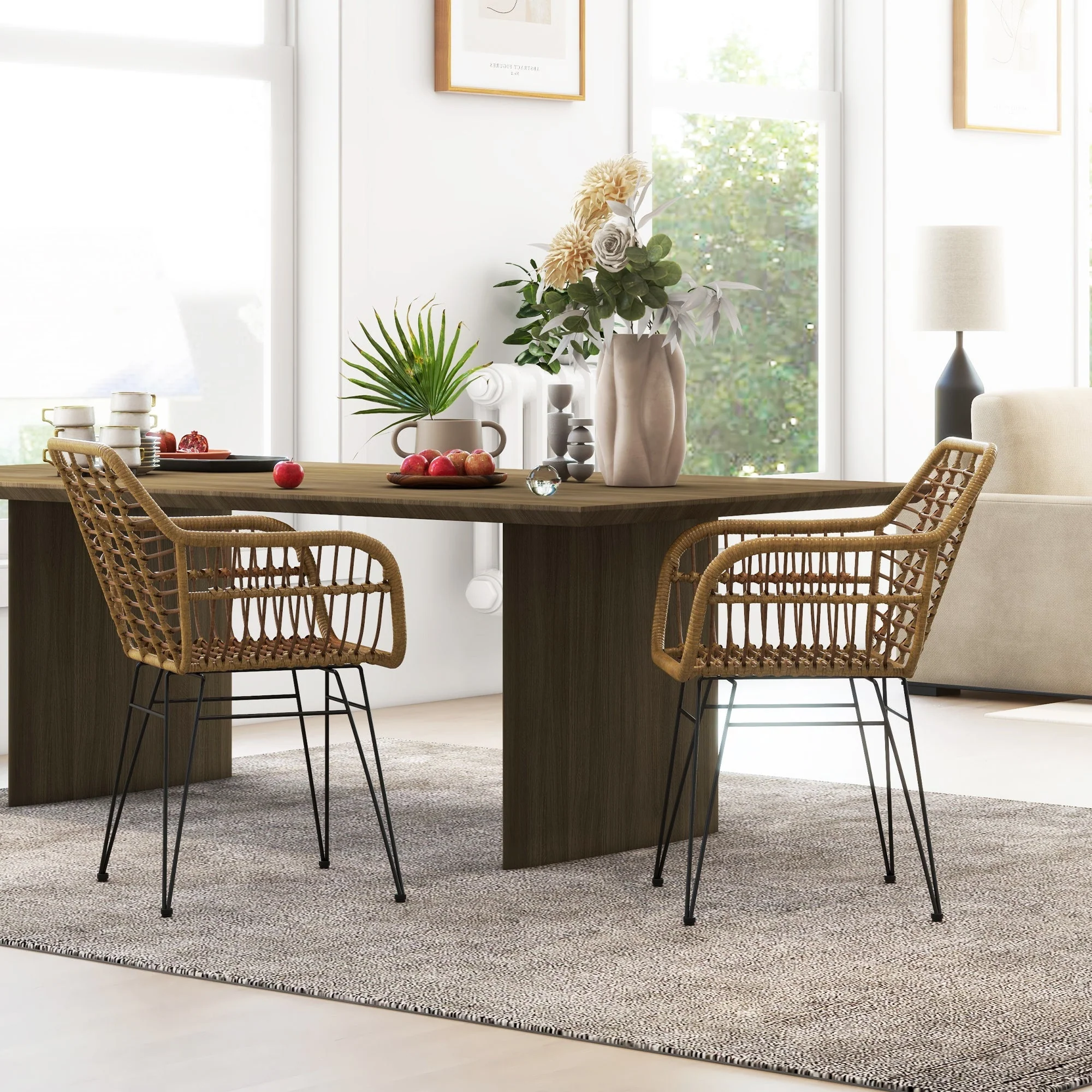 Set of 2 Kitchen Chairs Boho Style PE Rattan - Natural/Black - Image 2