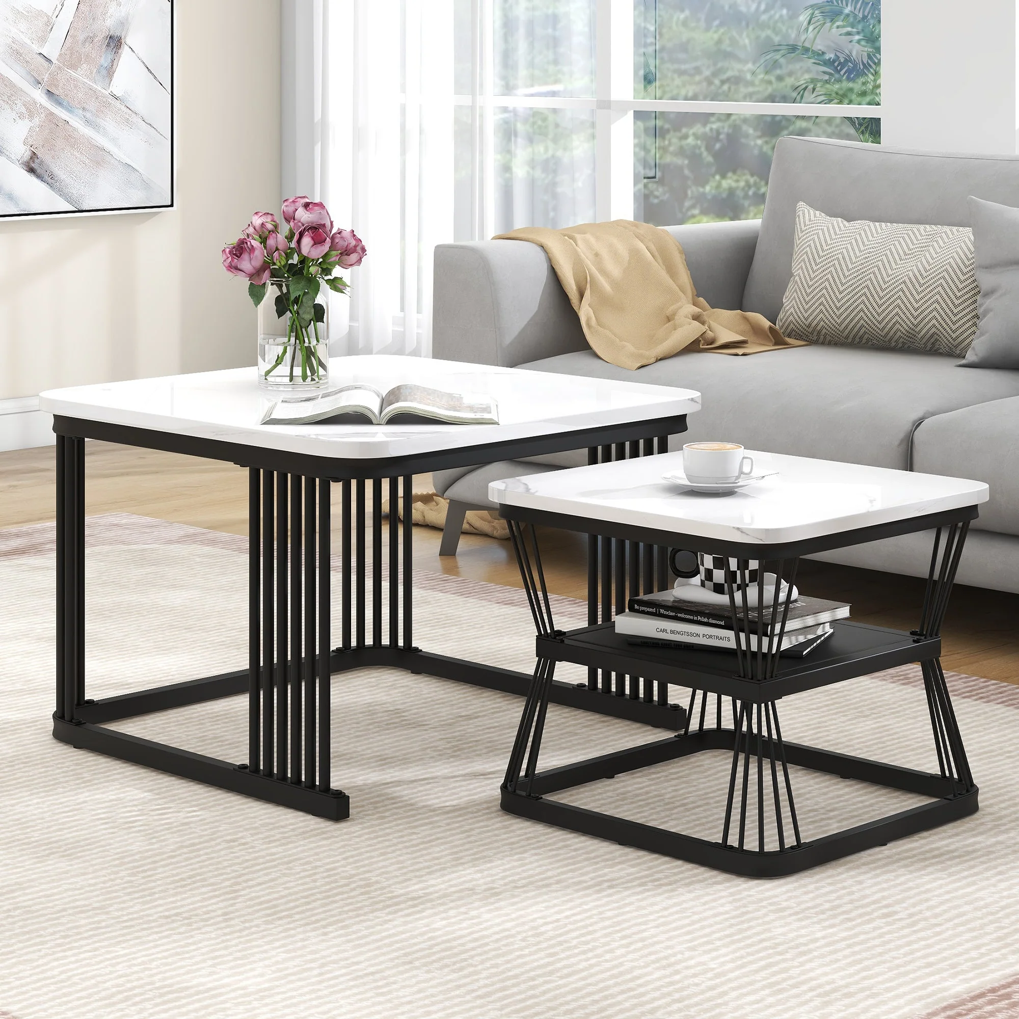 Set of 2 Modern Side Tables Marble Look Steel Frame - White/Black - Image 2