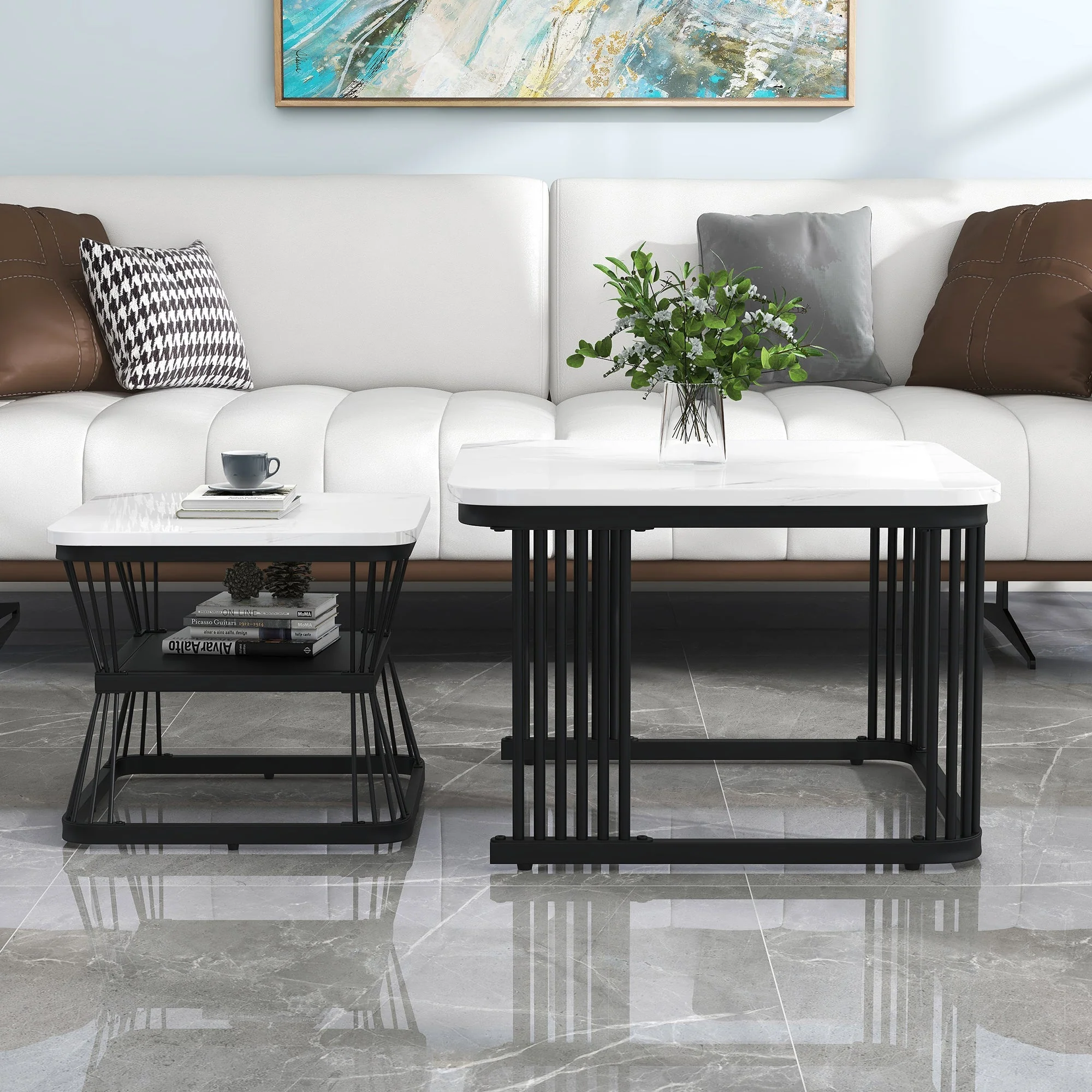 Set of 2 Modern Side Tables Marble Look Steel Frame - White/Black - Image 4