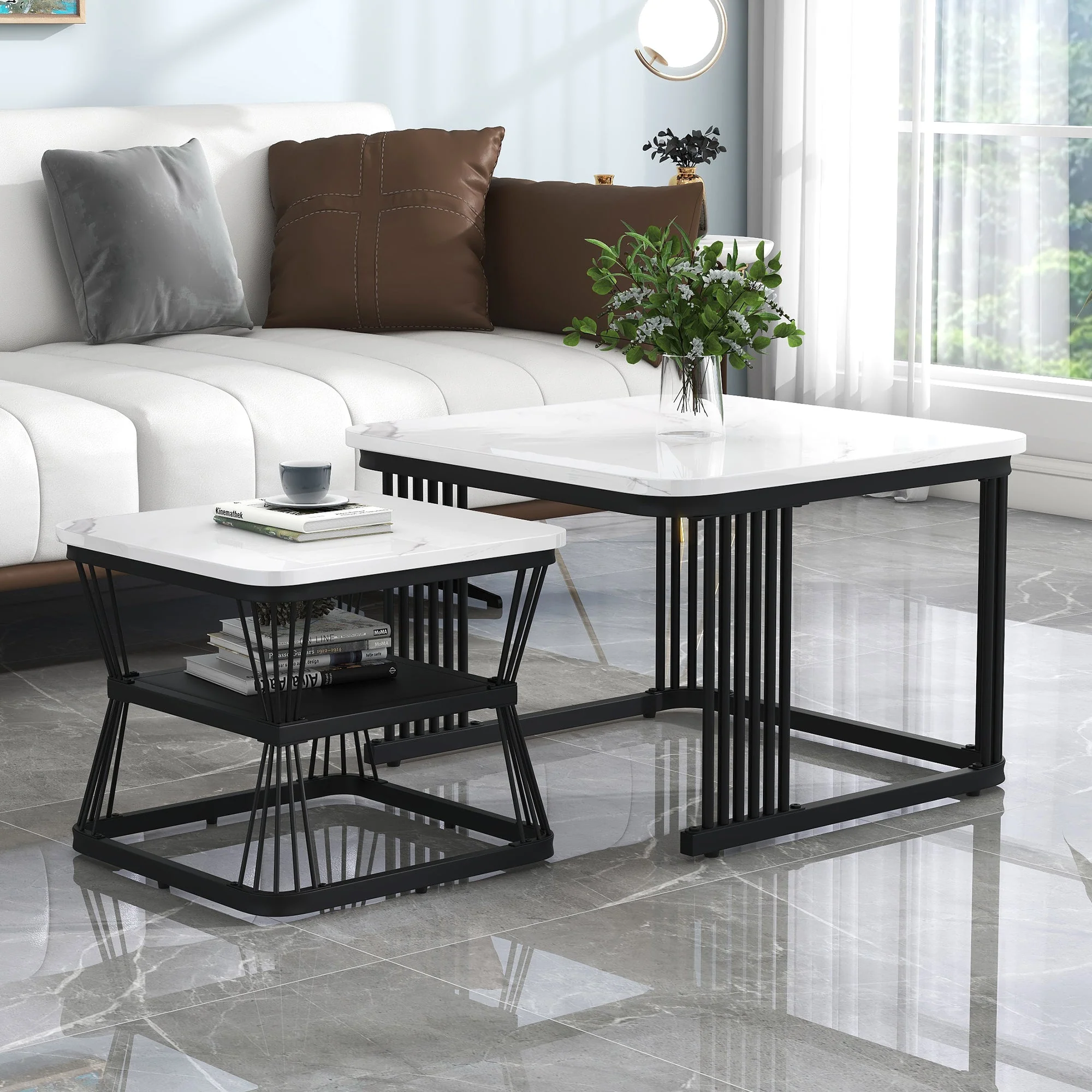 Set of 2 Modern Side Tables Marble Look Steel Frame - White/Black - Image 6