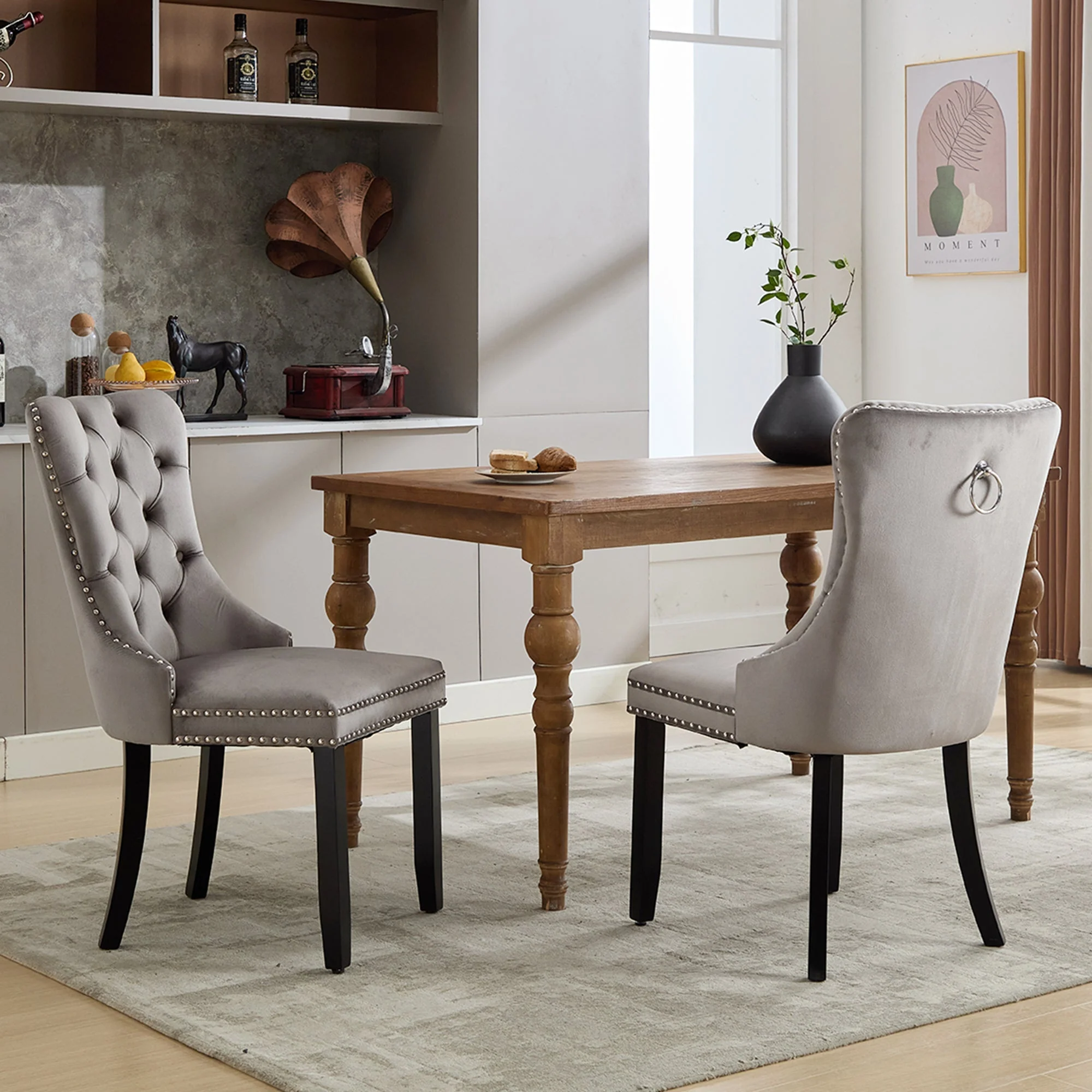 Set of 2 Modern Upholstered Velvet Dining Chairs, Button Tufted with Solid Wood Legs, Riveted Trim and Knocker Ring, Grey - Image 3