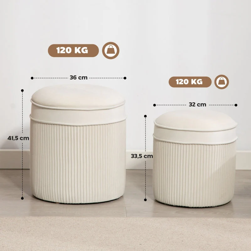 Set of 2 Ottomans with Lids Round Storage Velvet Look - Cream White - Image 3
