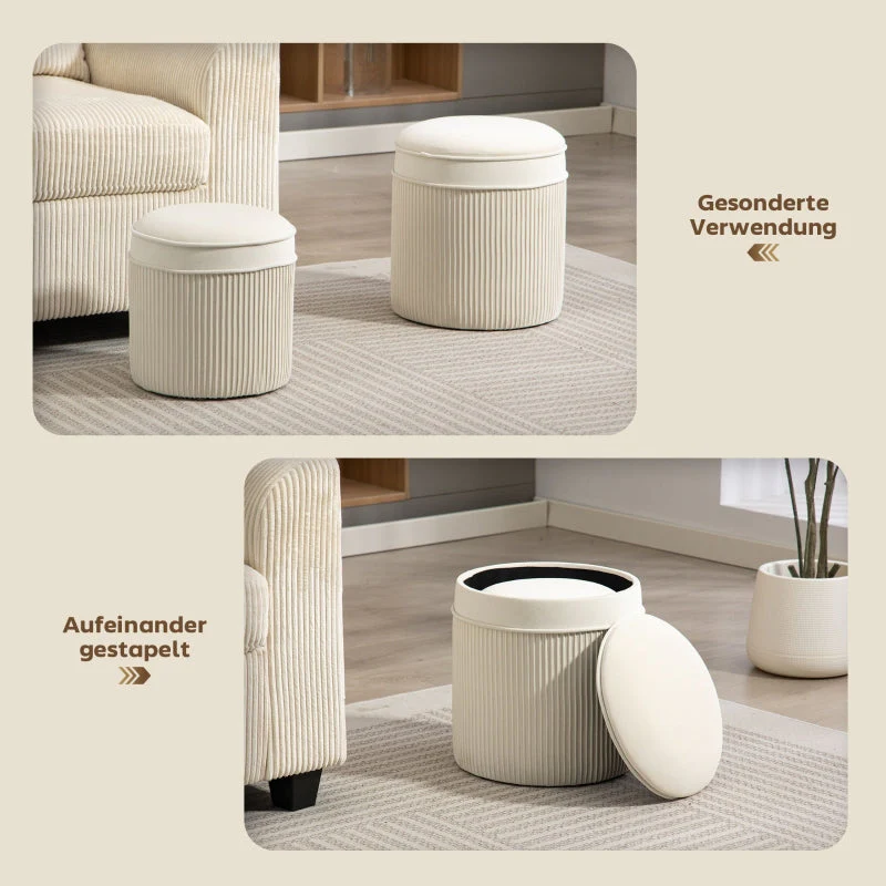 Set of 2 Ottomans with Lids Round Storage Velvet Look - Cream White - Image 5