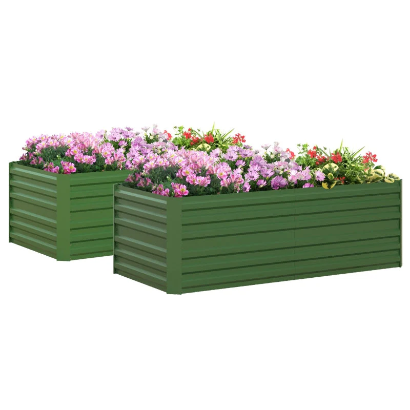 Set of 2 Raised Beds, Galvanised Steel Outdoor Planters for Vegetables Plants Herbs, Green