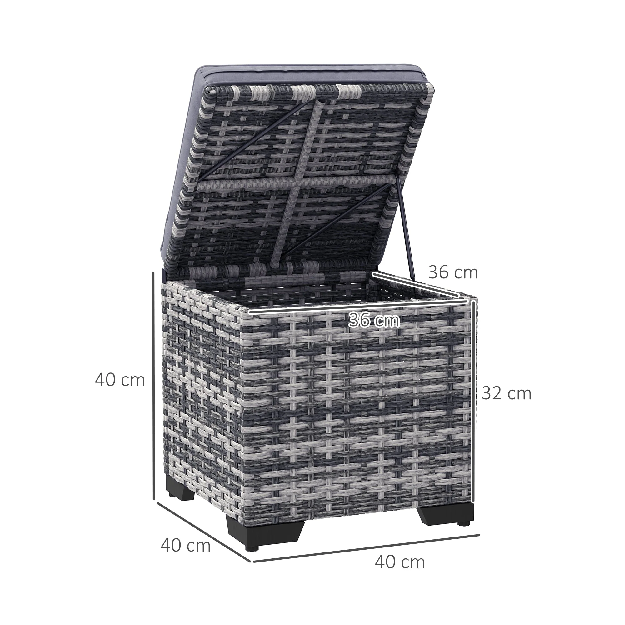 Set of 2 Rattan Storage Ottoman, Outdoor Footstool with Removable Cushions, Dark Grey - Image 4