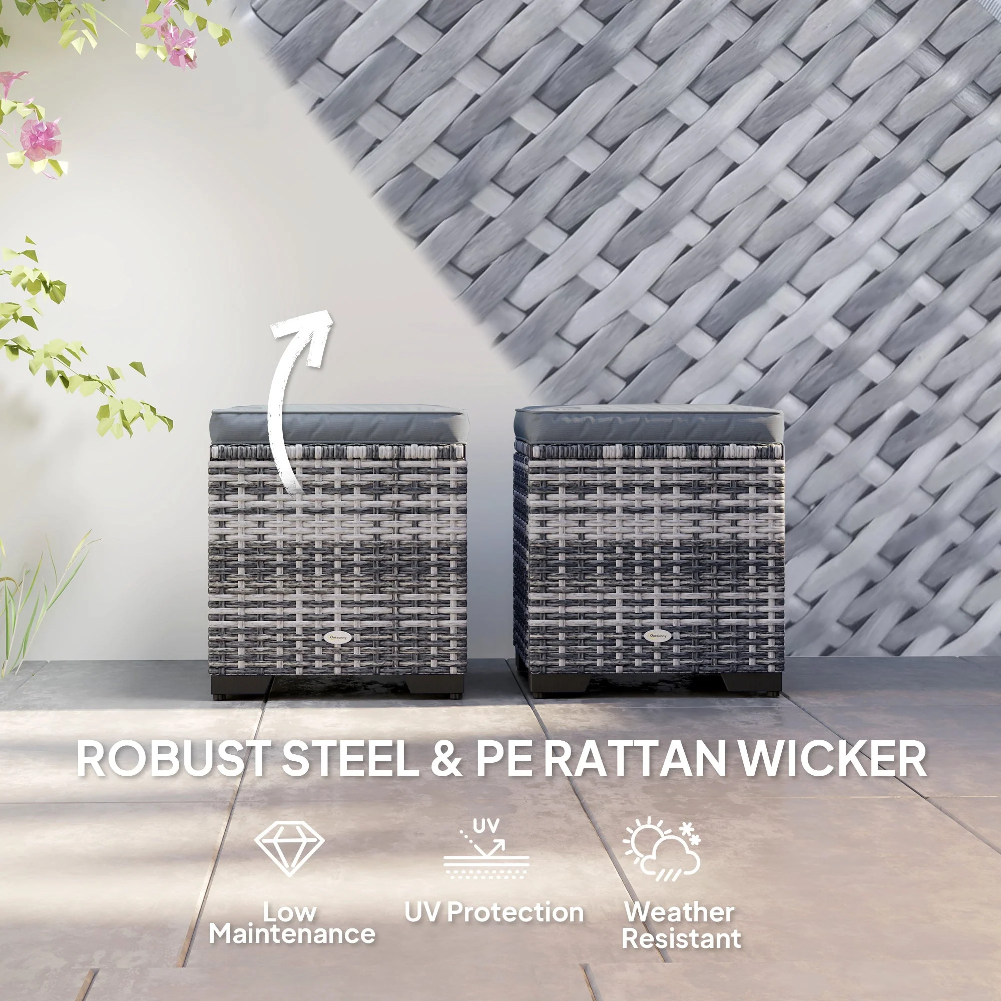 Set of 2 Rattan Storage Ottoman, Outdoor Footstool with Removable Cushions, Dark Grey - Image 7