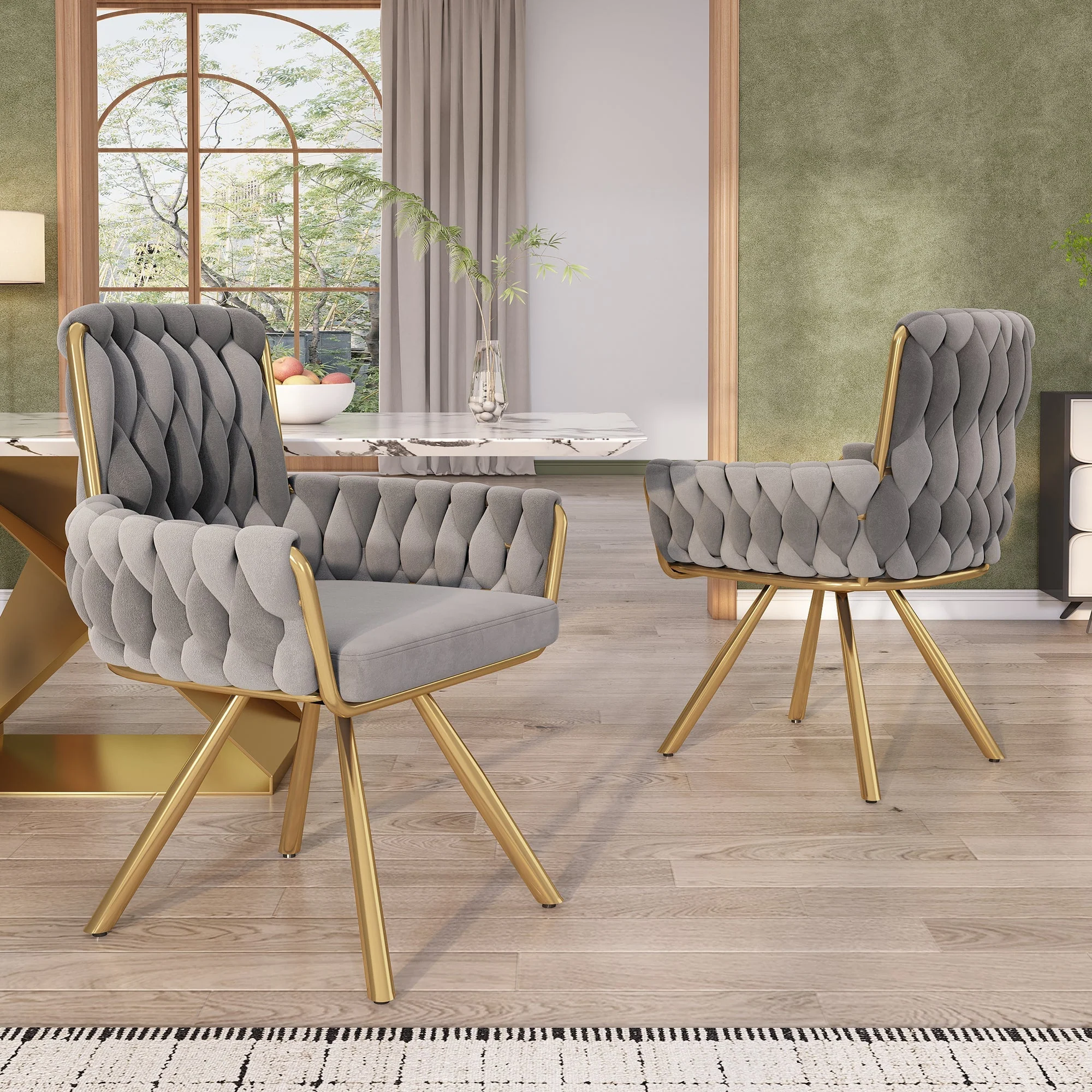 Set of 2, velvet dining chair, Armchair, single luxurious living room and bedroom swivel chair, Leisure swivel chair with four metal support legs, Gray