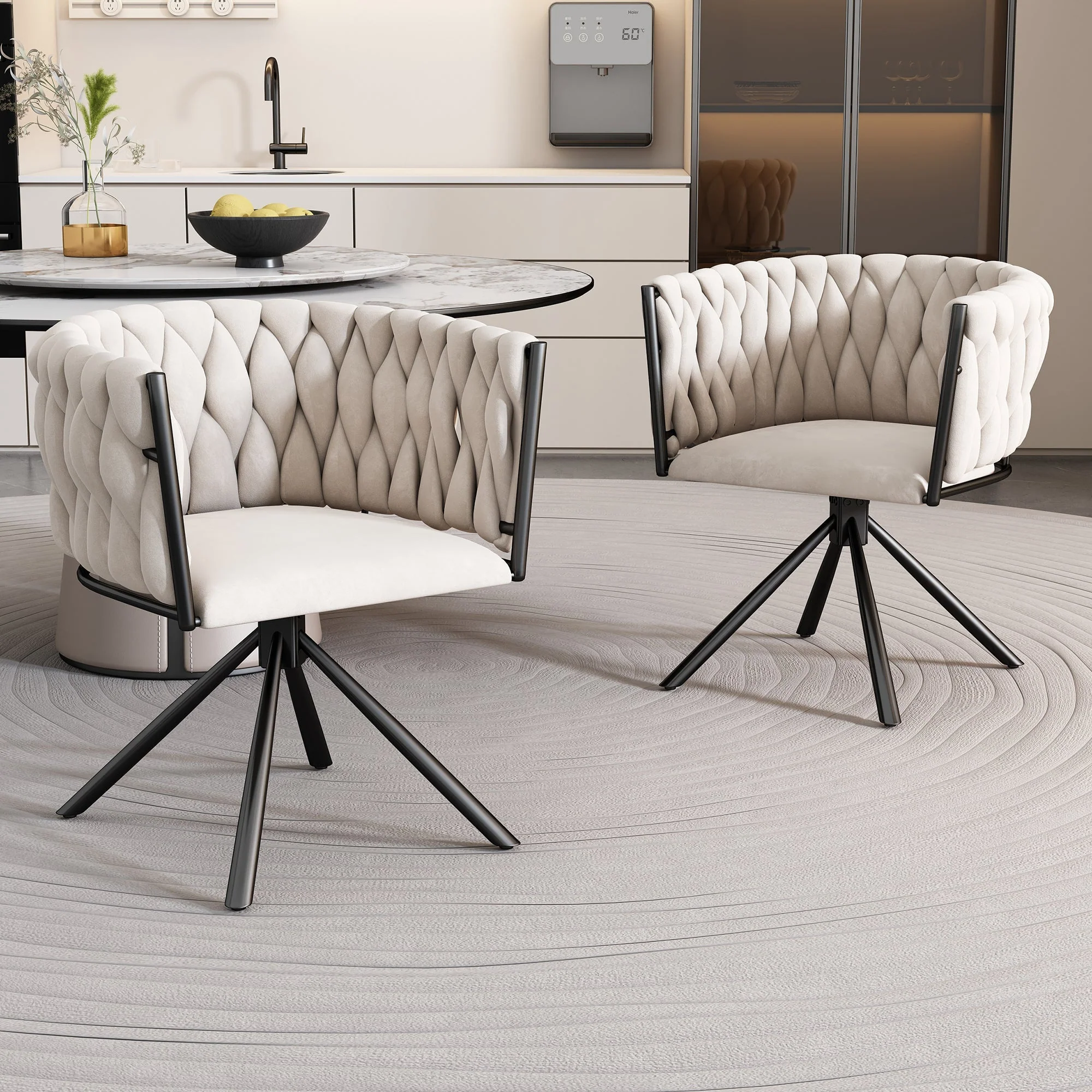 Set of 2, Velvet Dining Chair, Single Light Luxury Living Room Bedroom Swivel Chair, Beige