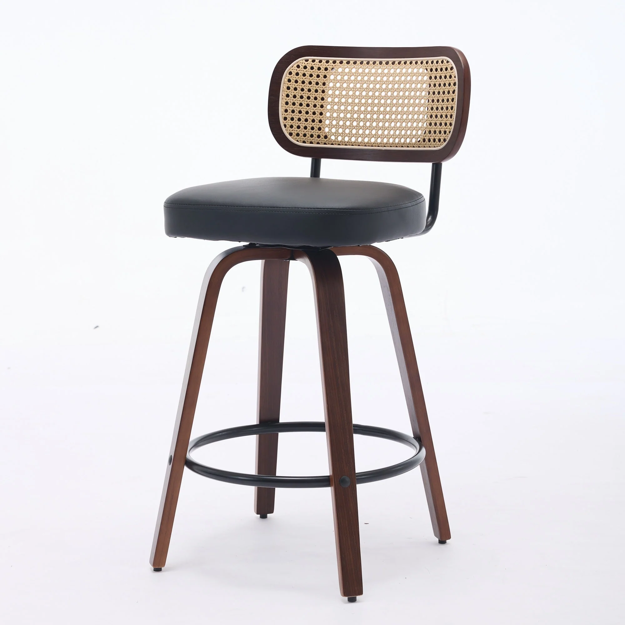 Set of 3 Counter Height Bar Stools Swivel Rattan Cane Back 26 inch Upholstered Seat Walnut Black - Image 7