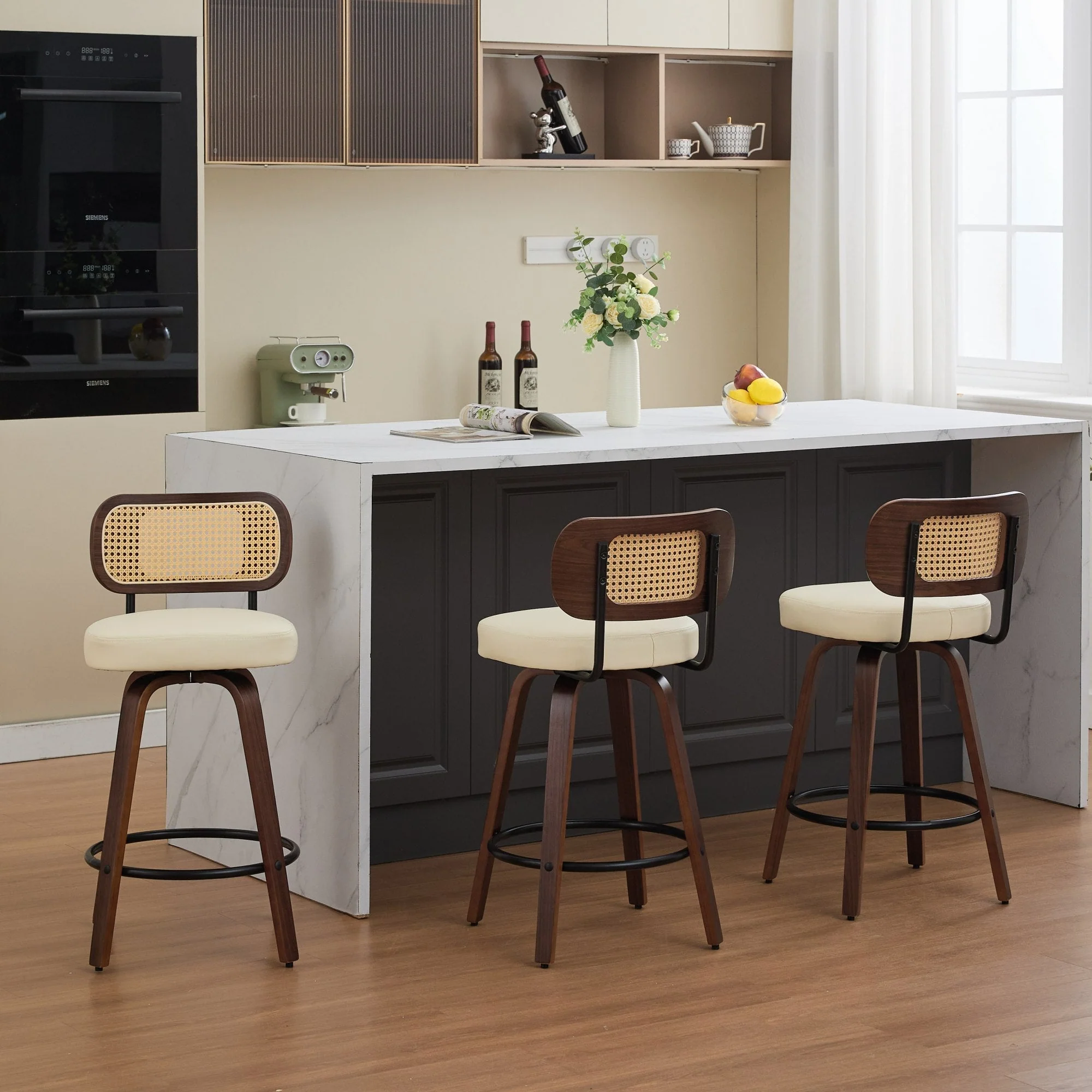 Set of 3 Swivel Bar Stools with Rattan Cane Back and Upholstered Seat, Walnut and Beige