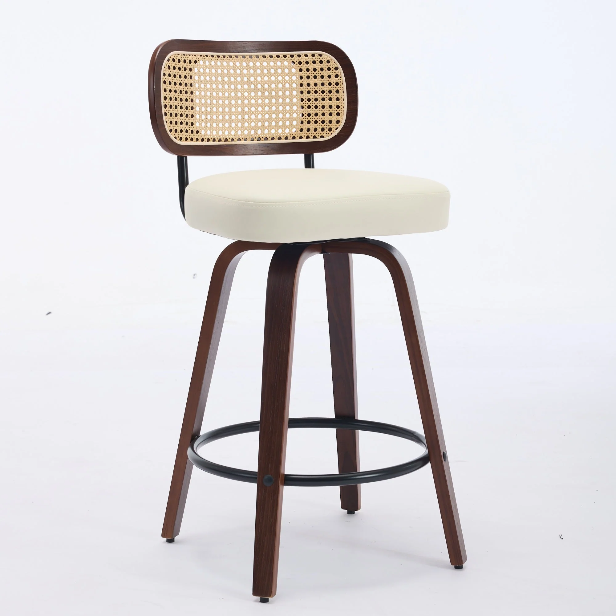 Set of 3 Swivel Bar Stools with Rattan Cane Back and Upholstered Seat, Walnut and Beige - Image 3