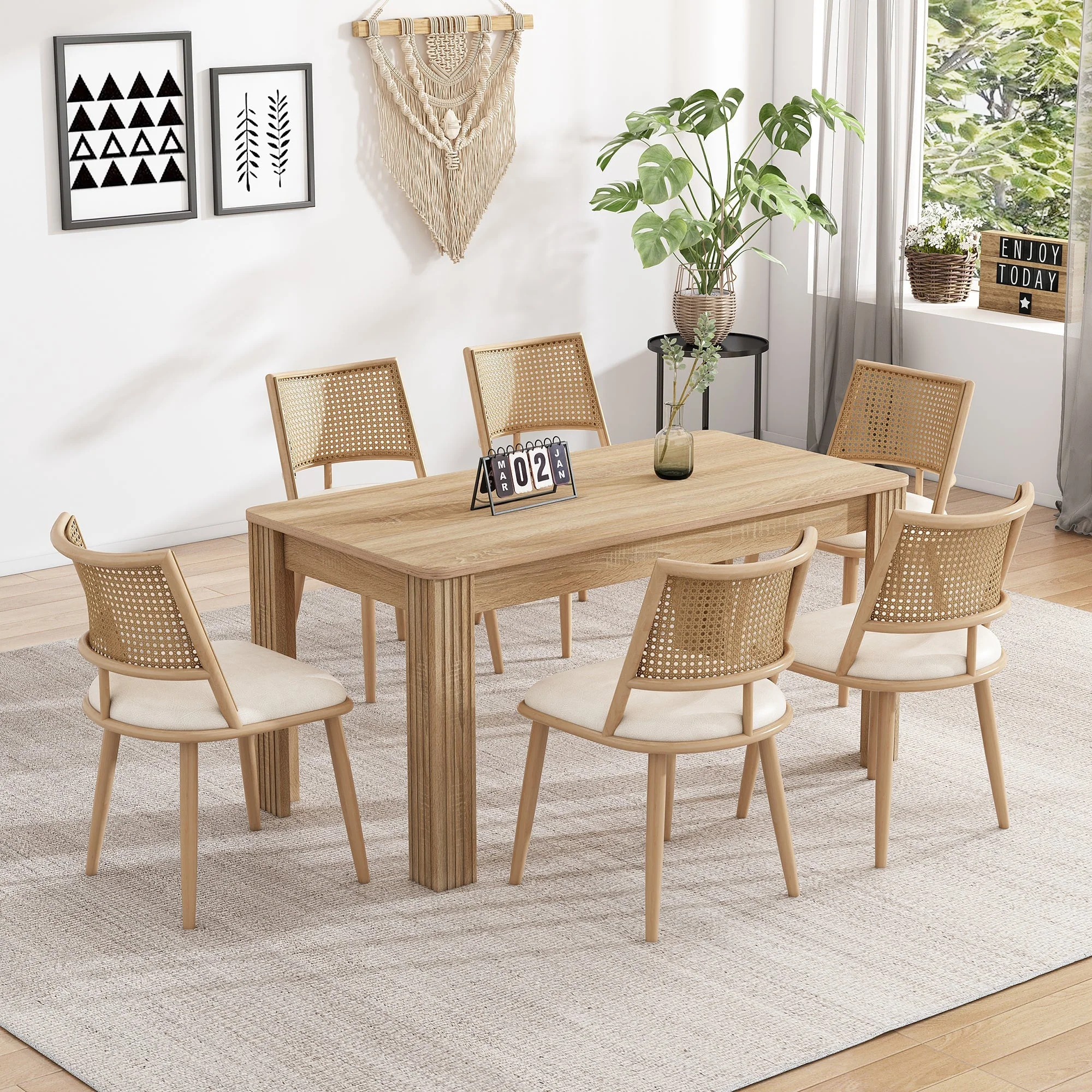 Set of 4 Bamboo Kitchen Chairs, PU Seat Rattan Backrest Armchair, Beige - Image 7