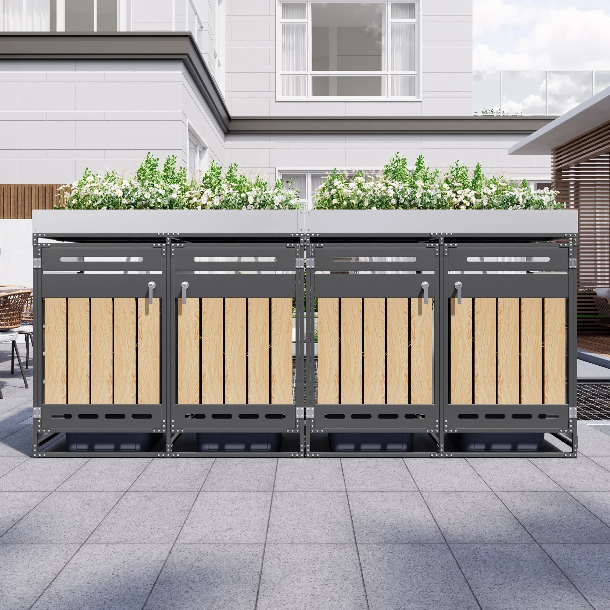Set of 4 Bin Storage Units with Planter Boxes and Locking Garden Cabinet, Iron with Vertical Wood Grain Panels - Image 3