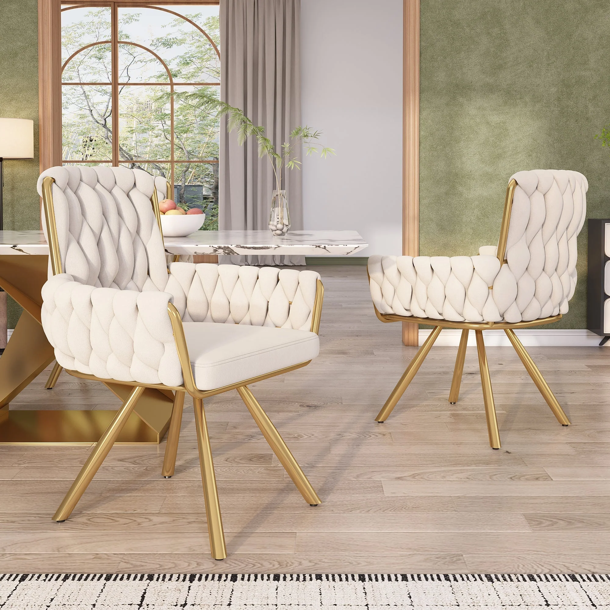 Set of 4 Dining Armchairs, Luxurious Swivel Chair with Metal Legs, Beige Velvet - Image 3