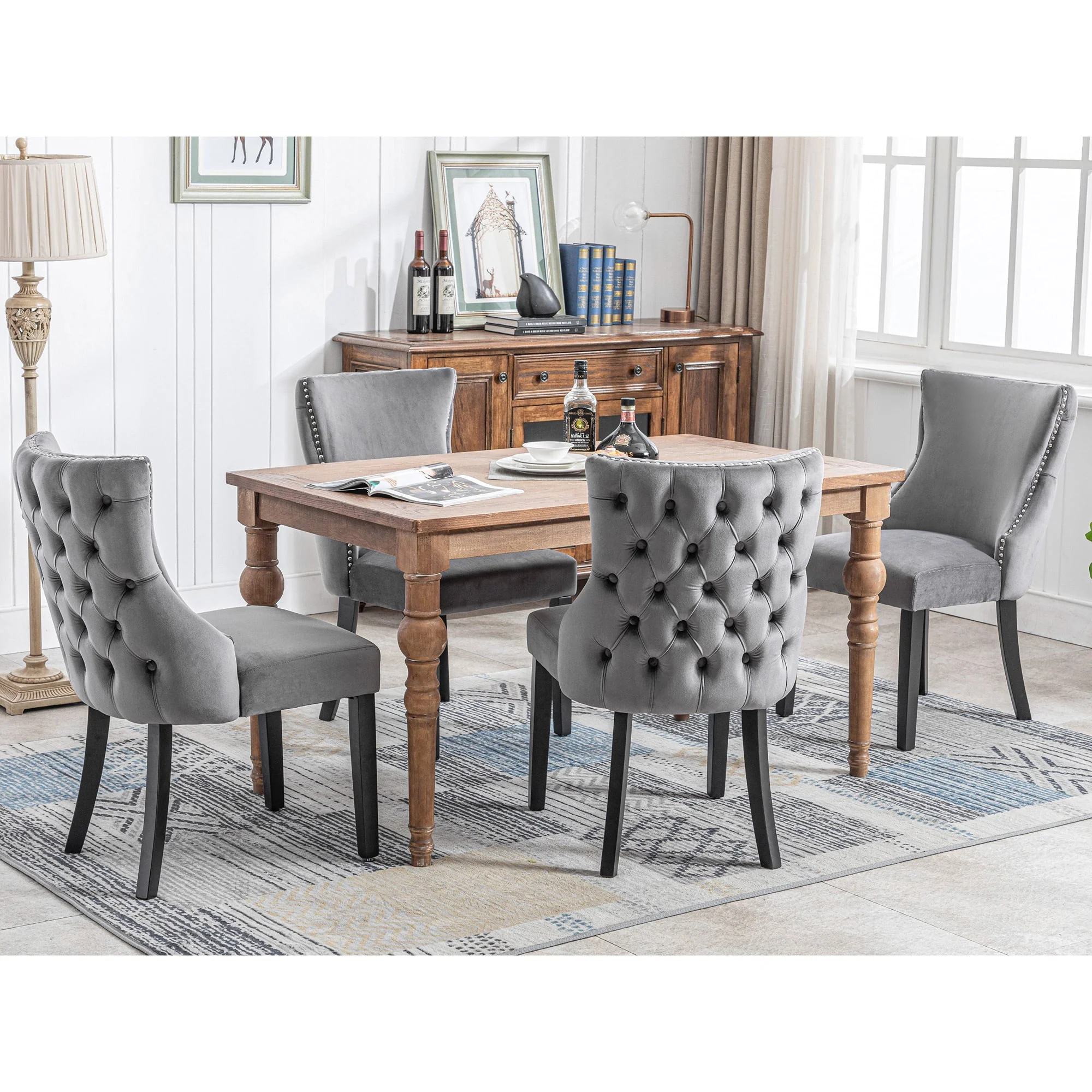 Set of 4 Dining Chairs, Button Tufted 4-Leg Solid Wood Frame, Grey Velvet - Image 2