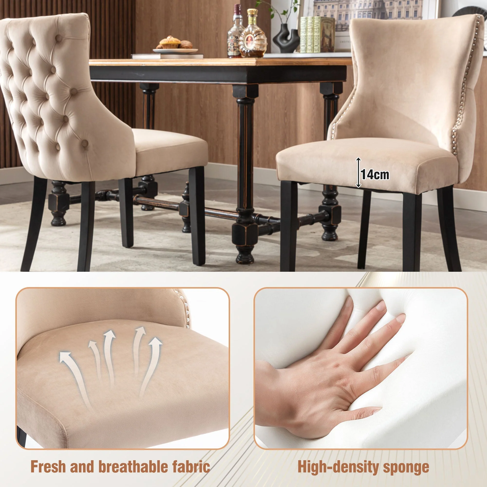 Set of 4 Dining Chairs Button Tufting Solid Wood Frame Beige Velvet - Image 6
