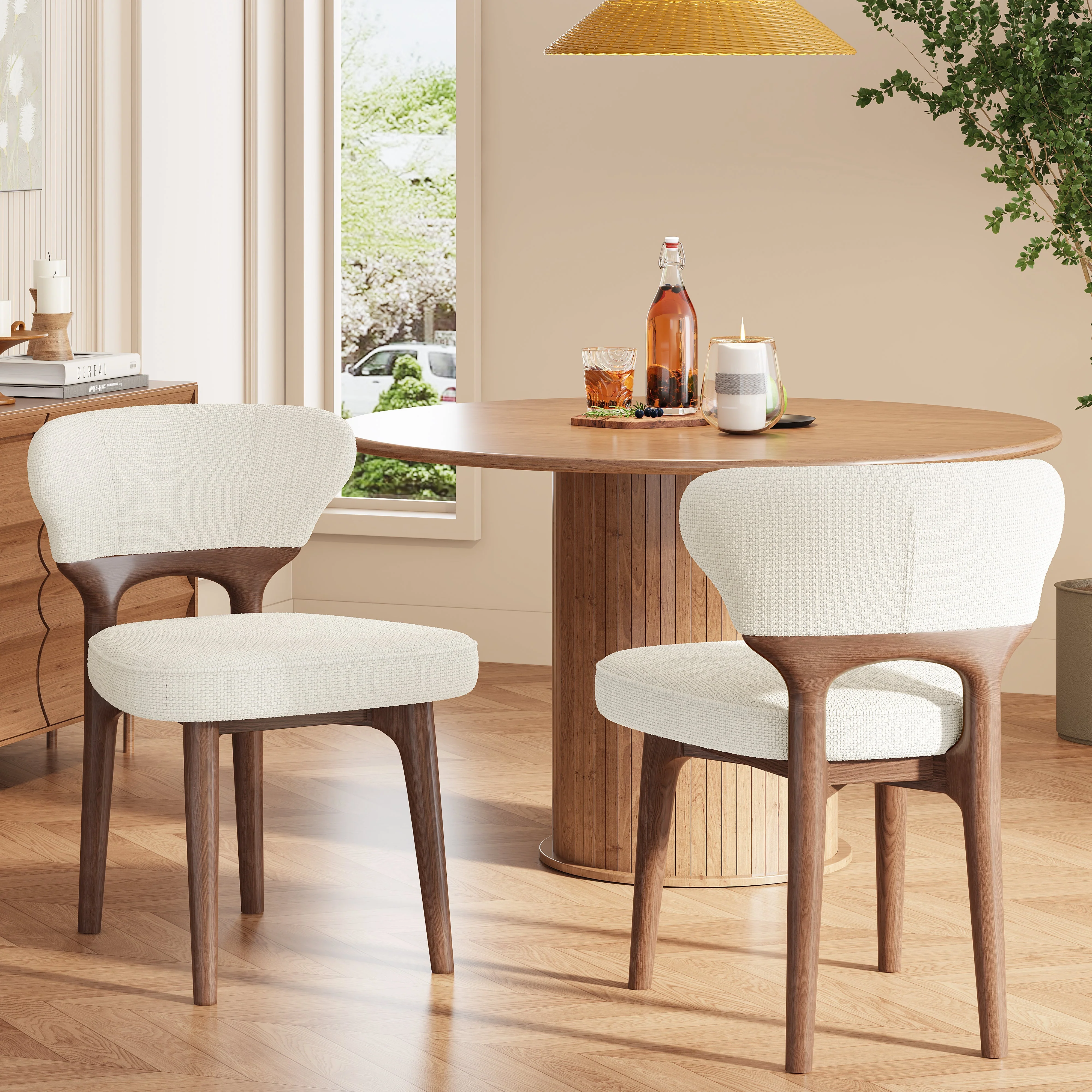 Set of 4 Dining Chairs, Solid Wood and Breathable Design, Light Beige Chenille - Image 2