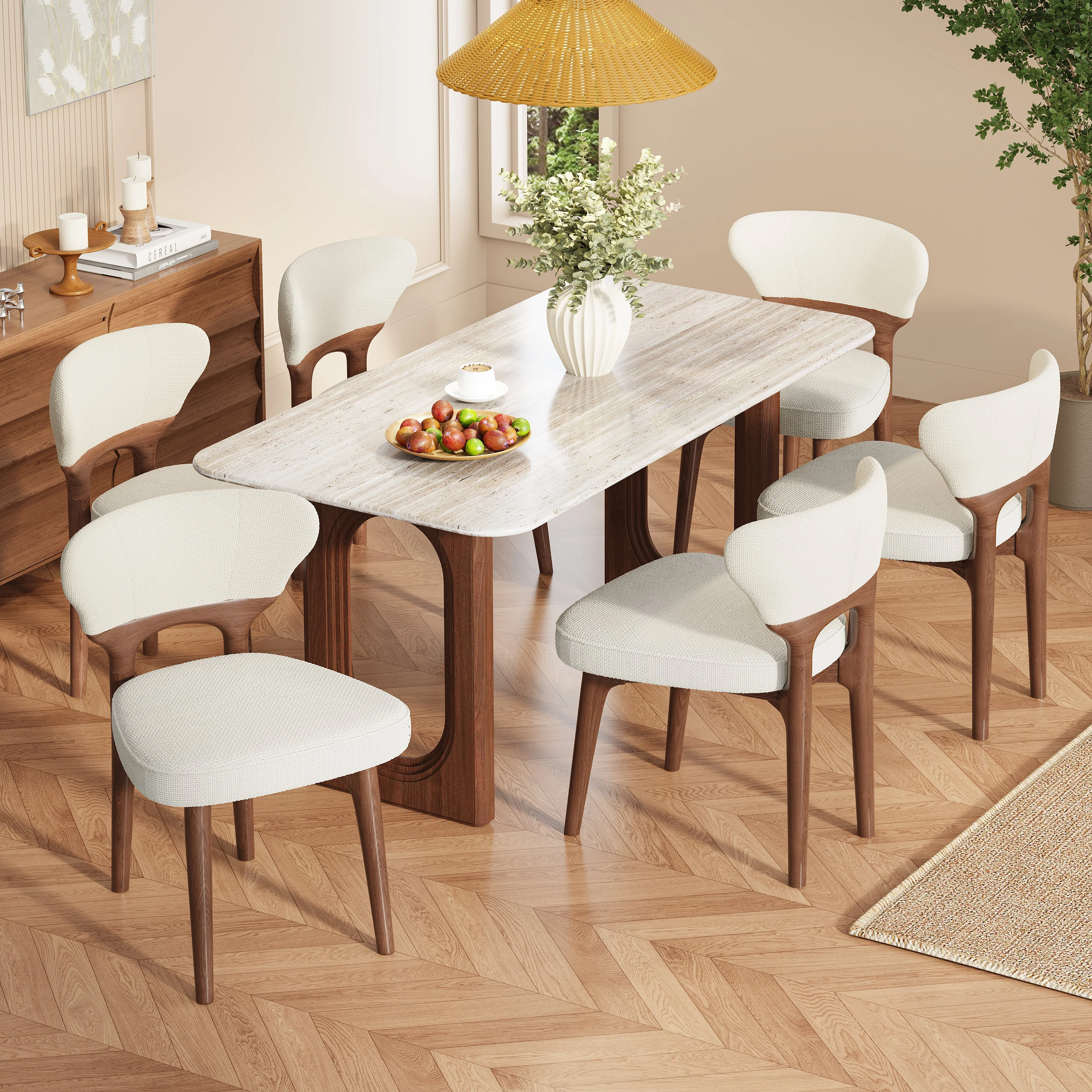 Set of 4 Dining Chairs, Solid Wood and Breathable Design, Light Beige Chenille - Image 3