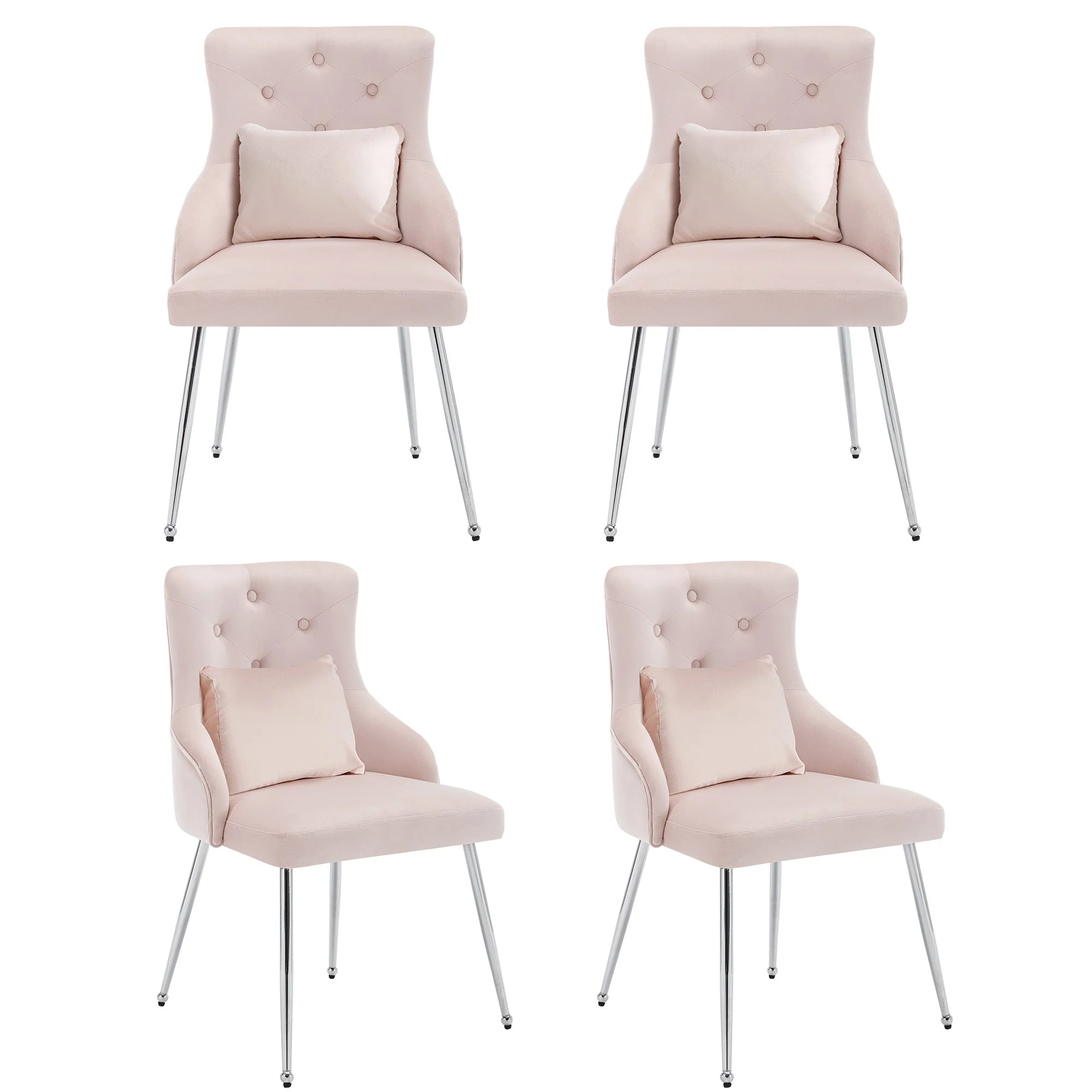 Set of 4 Dining Chairs Upholstered Button Pattern Metal Legs Lumbar Cushion - Pink - Image 10