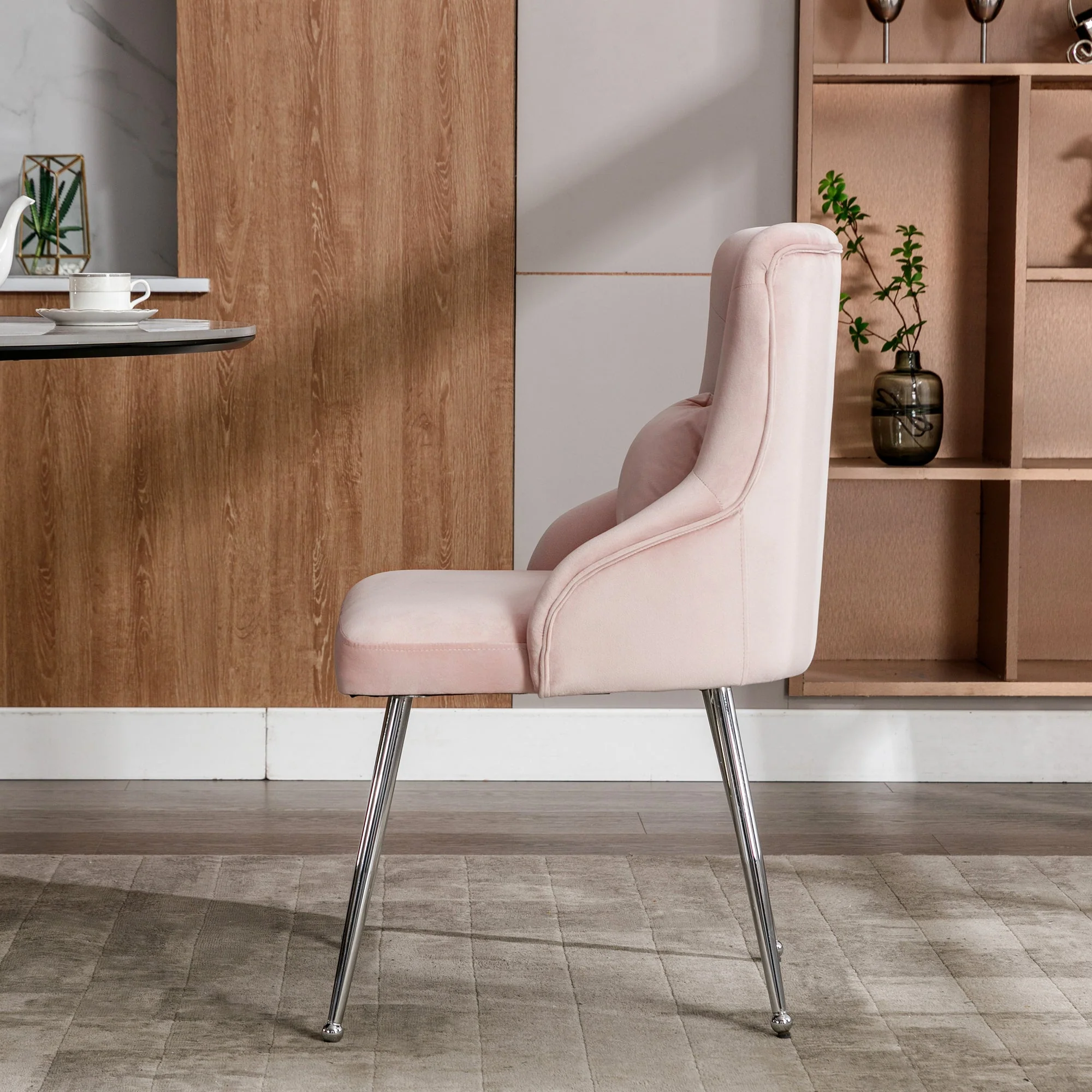 Set of 4 Dining Chairs Upholstered Button Pattern Metal Legs Lumbar Cushion - Pink - Image 9