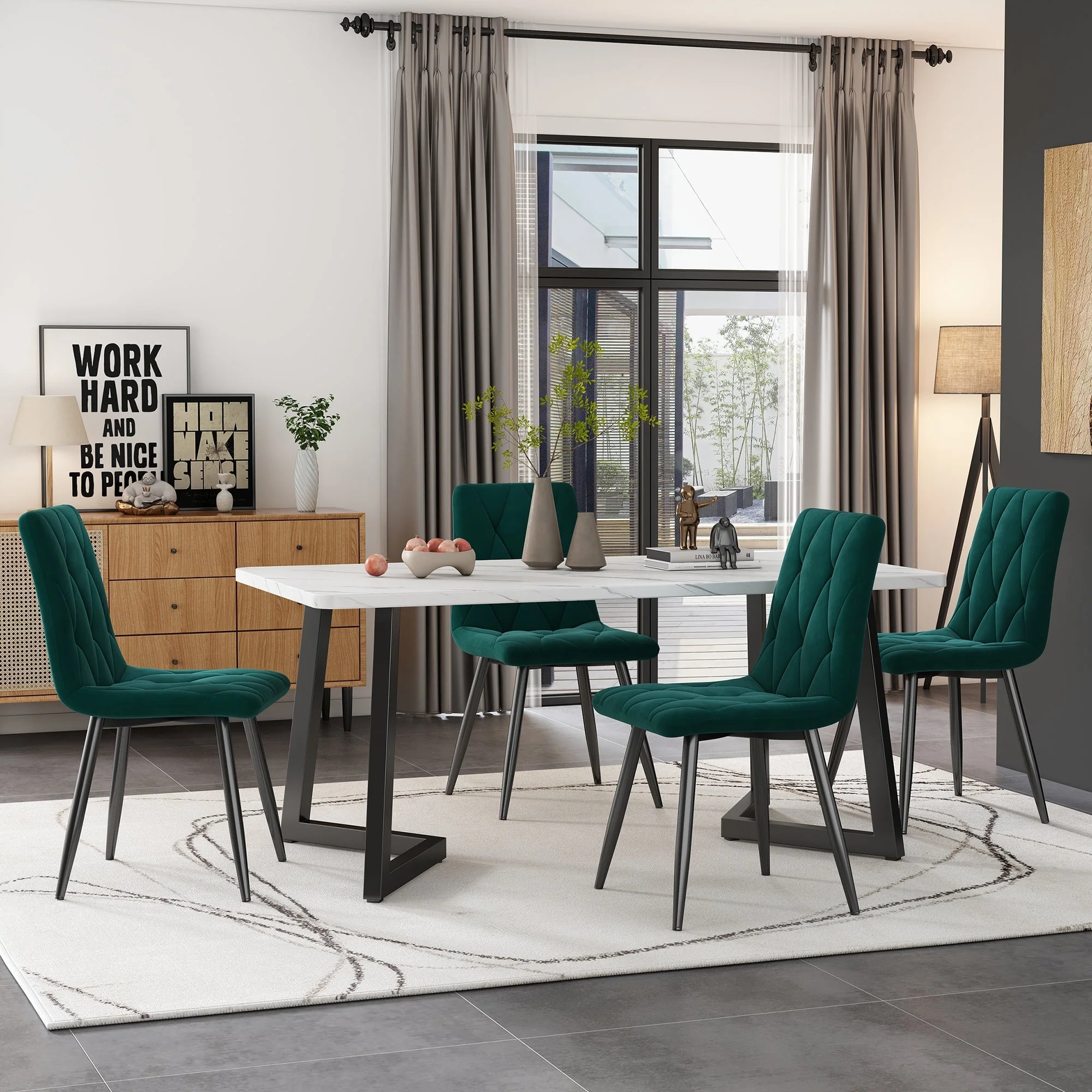 Set of 4 Dining Chairs Upholstered Designer Twill Velvet Dark Green