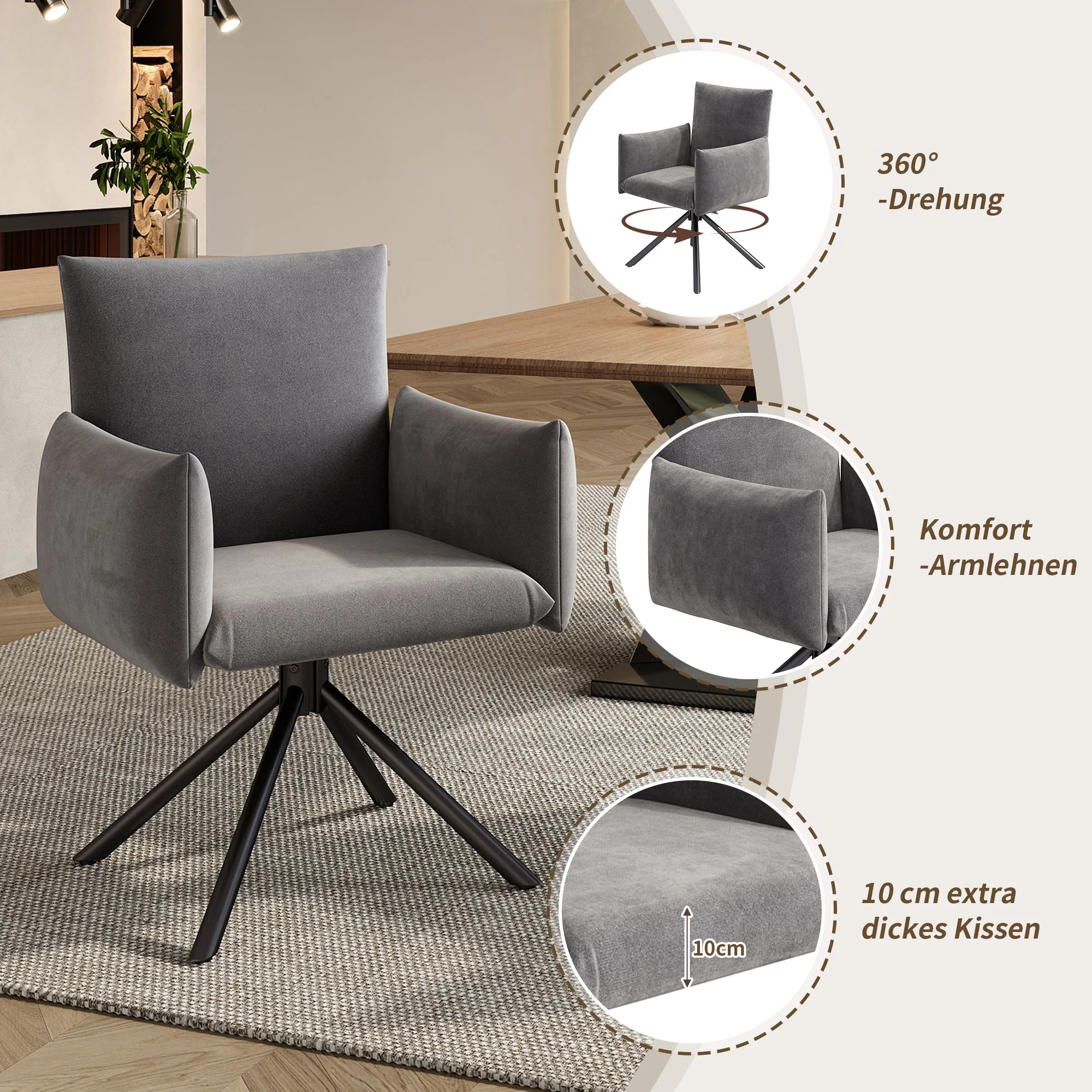Set of 4 Dining Chairs Upholstered Swivel Metal Legs - Velvet Grey - Image 3