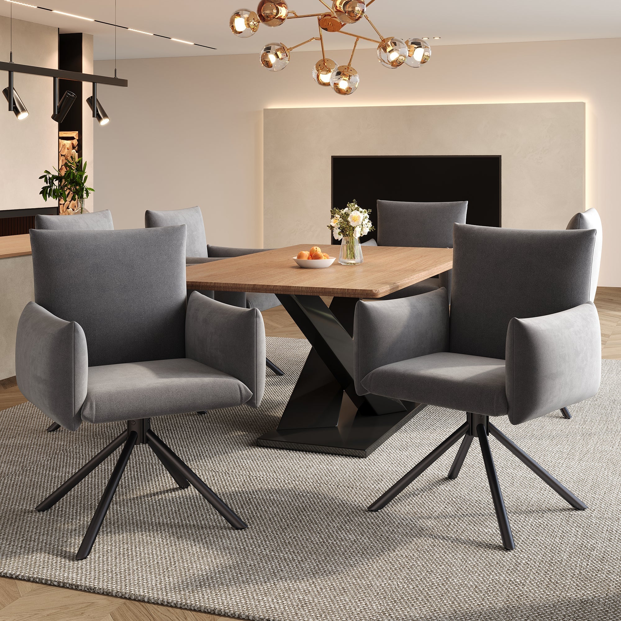 Set of 4 Dining Chairs Upholstered Swivel Metal Legs - Velvet Grey - Image 5