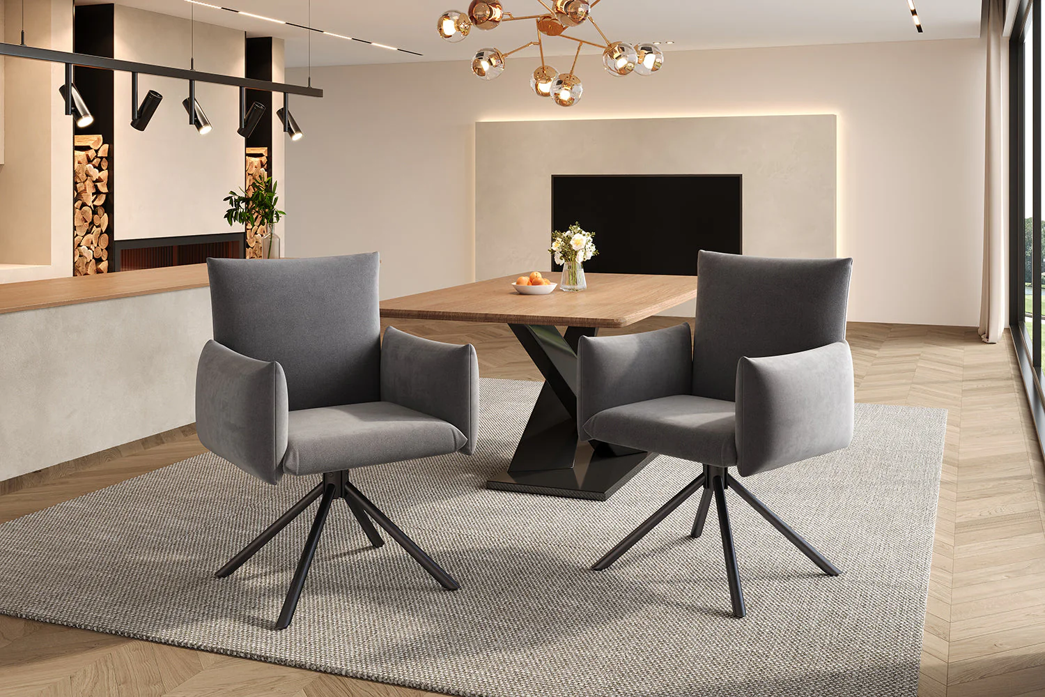 Set of 4 Dining Chairs Upholstered Swivel Metal Legs - Velvet Grey - Image 7