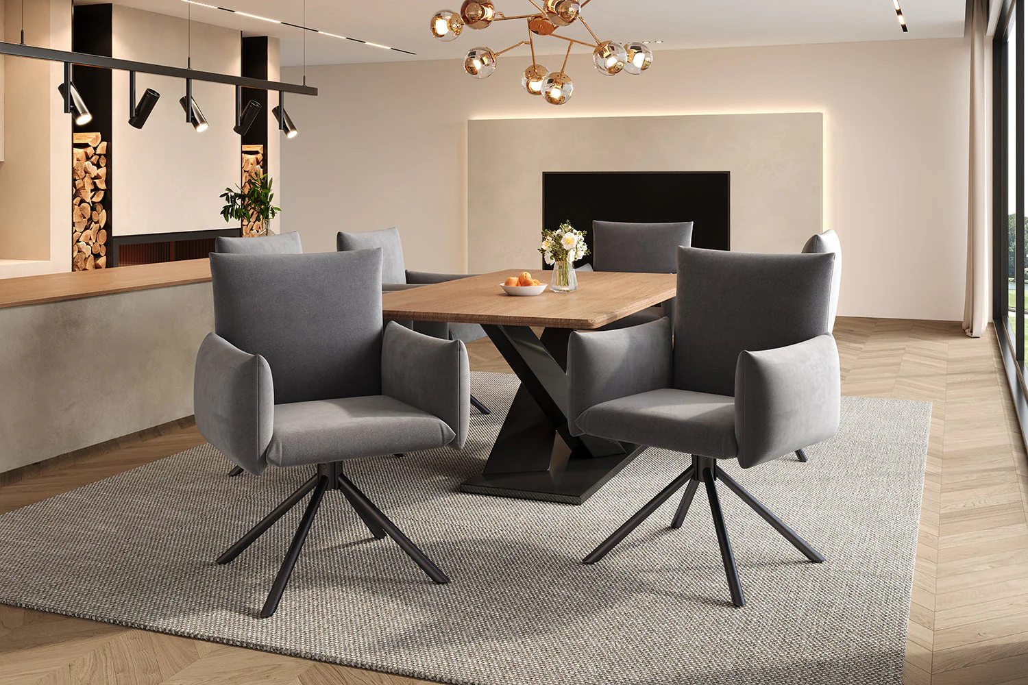 Set of 4 Dining Chairs Upholstered Swivel Metal Legs - Velvet Grey - Image 9