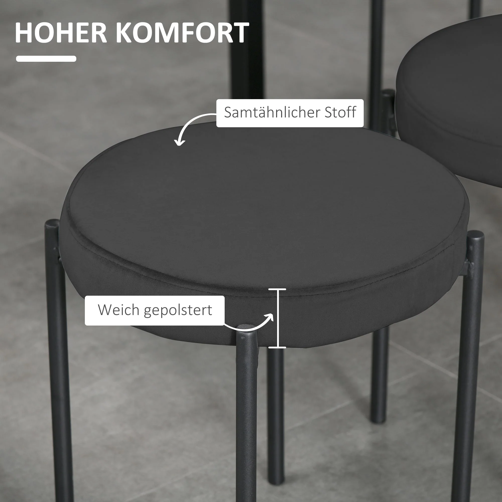 Set of 4 Dining Stools Stackable Upholstered Velvet Look Black Metal - Image 5