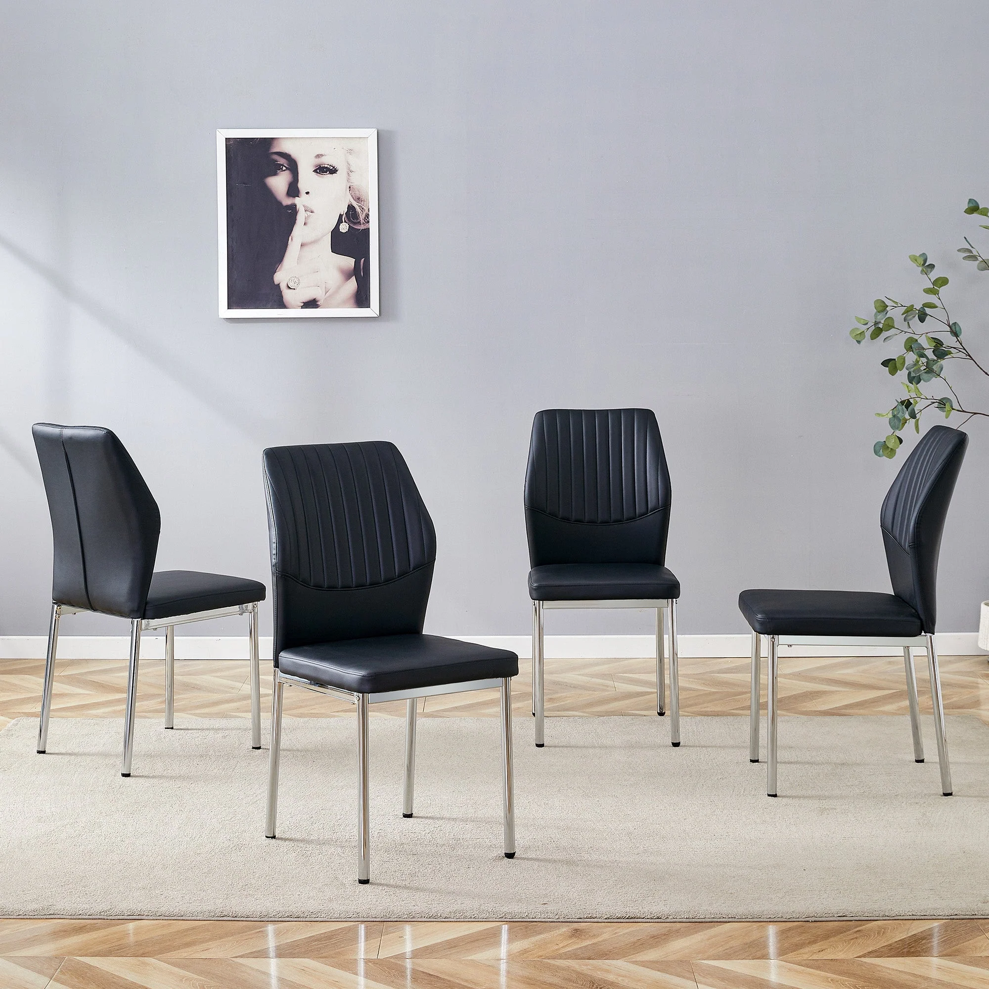 Set of 4 Stylish Dining Chairs with Vertical Embossing and Metal Legs, Black and Silver