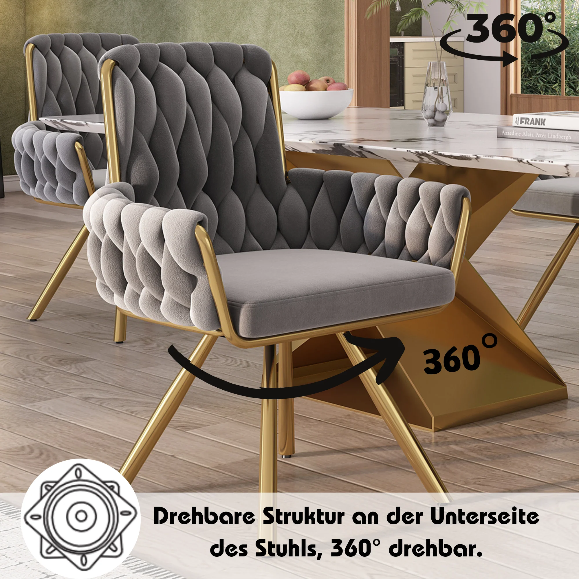 Set of 4 Velvet Dining Chairs, Armchair Swivel Chair with Metal Legs, Gray - Image 4