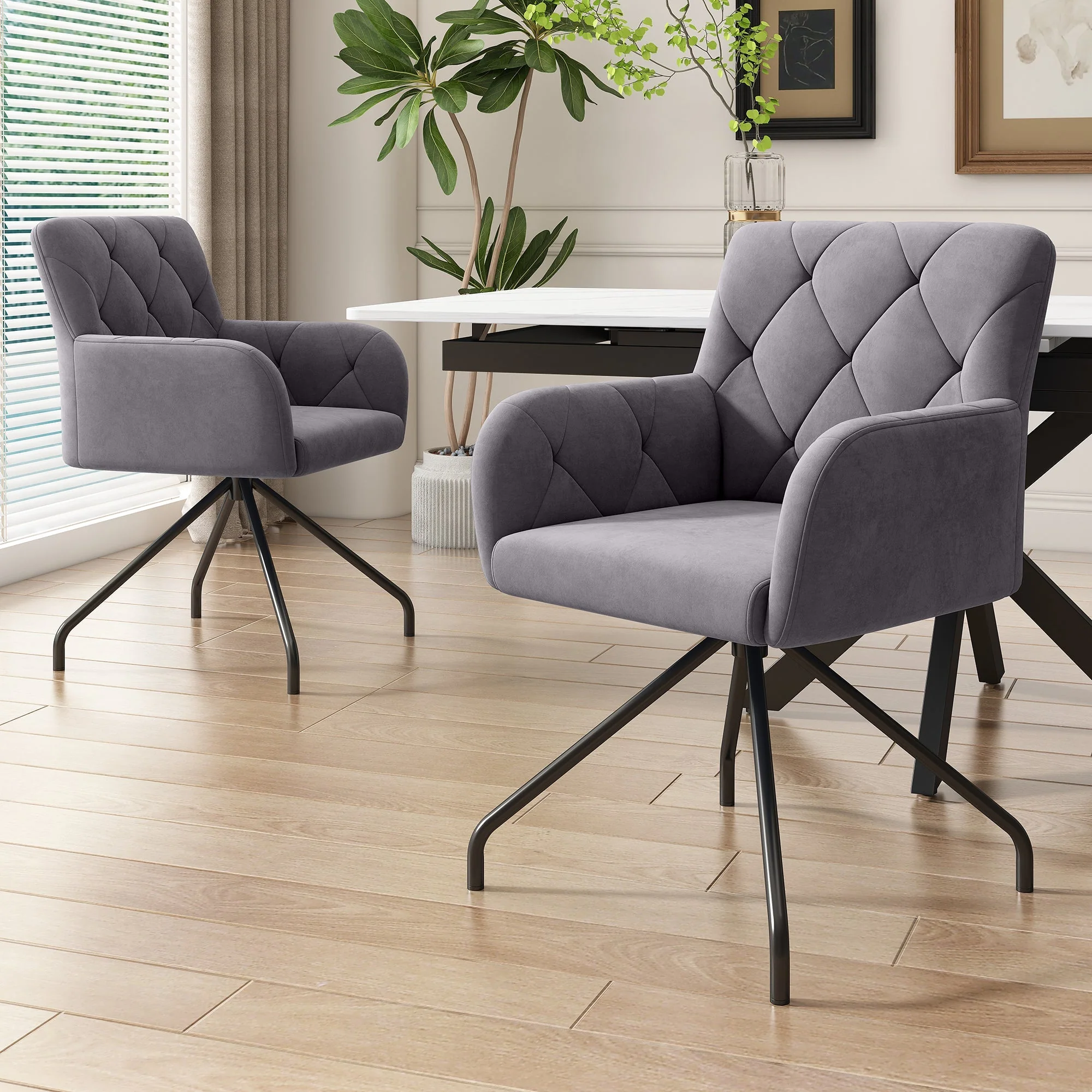Set of 6 Dining Chairs with Diamond Pattern and Lumbar Support, Grey Velvet - Image 3